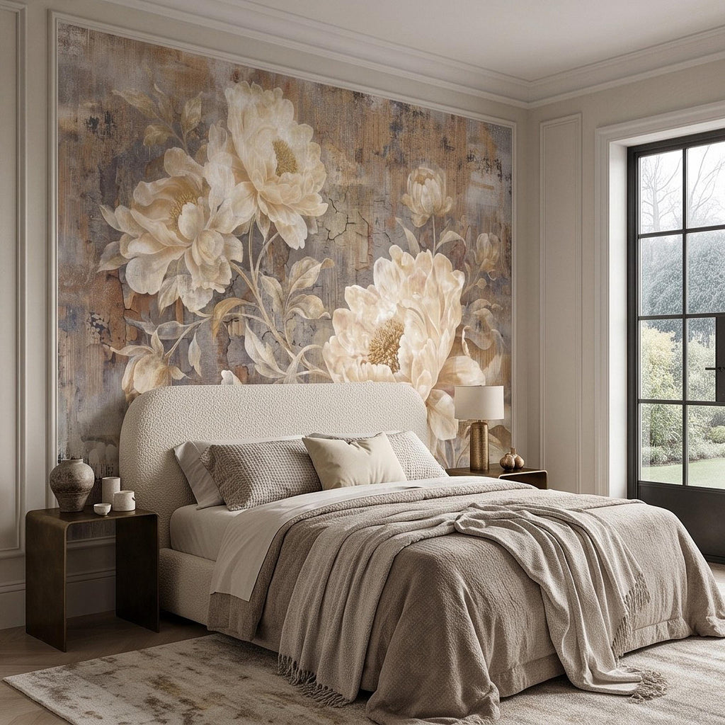 Vintage Peony Peel and Stick Wall Mural, Ivory Beige Floral Distressed Plaster Texture Antique Botanical Wallpaper