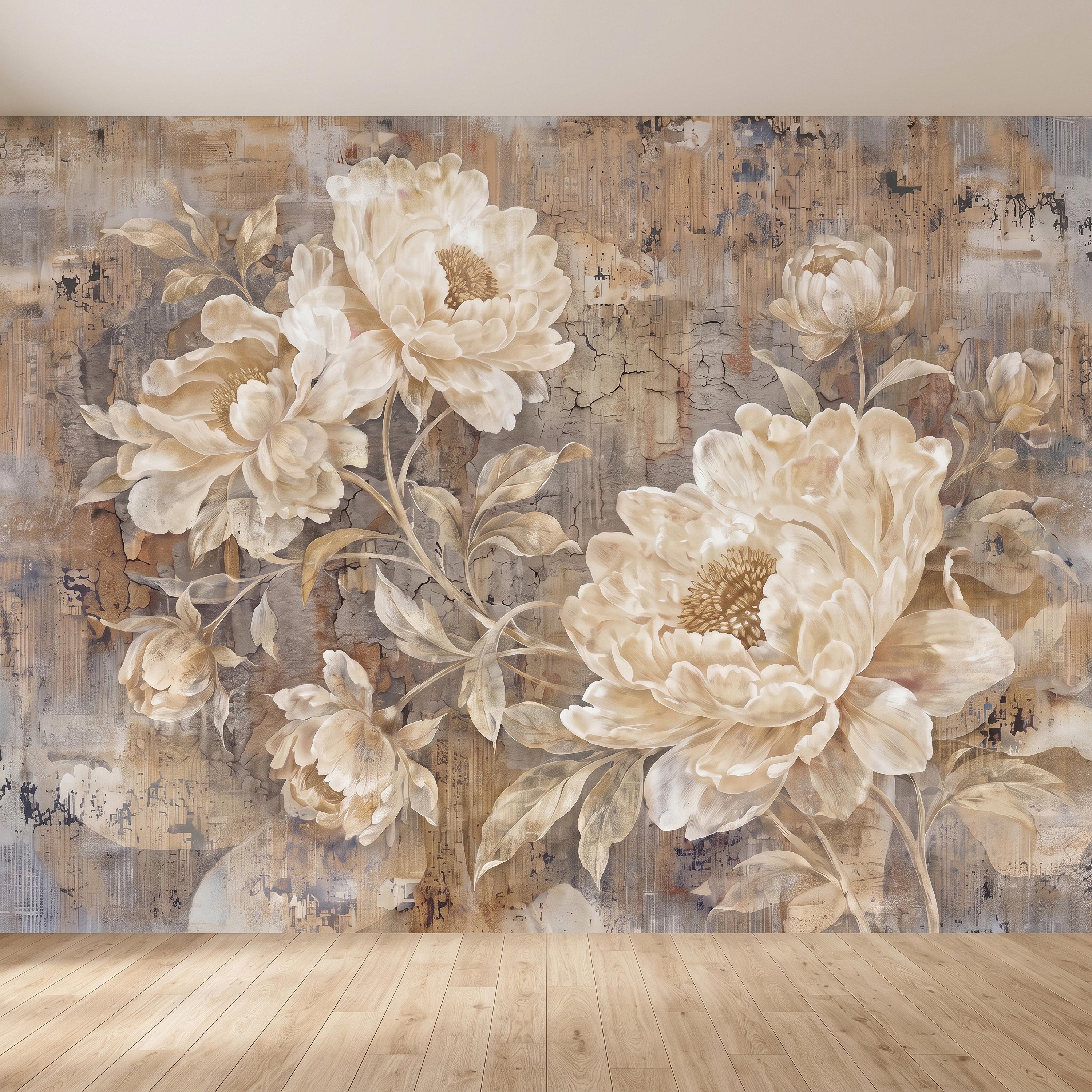 Vintage Peony Peel and Stick Wall Mural, Ivory Beige Floral Distressed Plaster Texture Antique Botanical Wallpaper