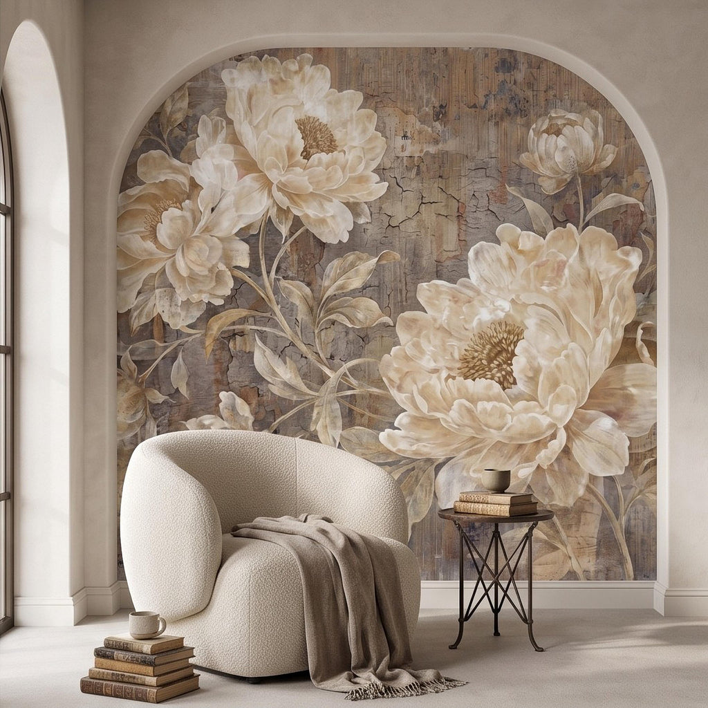 Vintage Peony Peel and Stick Wall Mural, Ivory Beige Floral Distressed Plaster Texture Antique Botanical Wallpaper