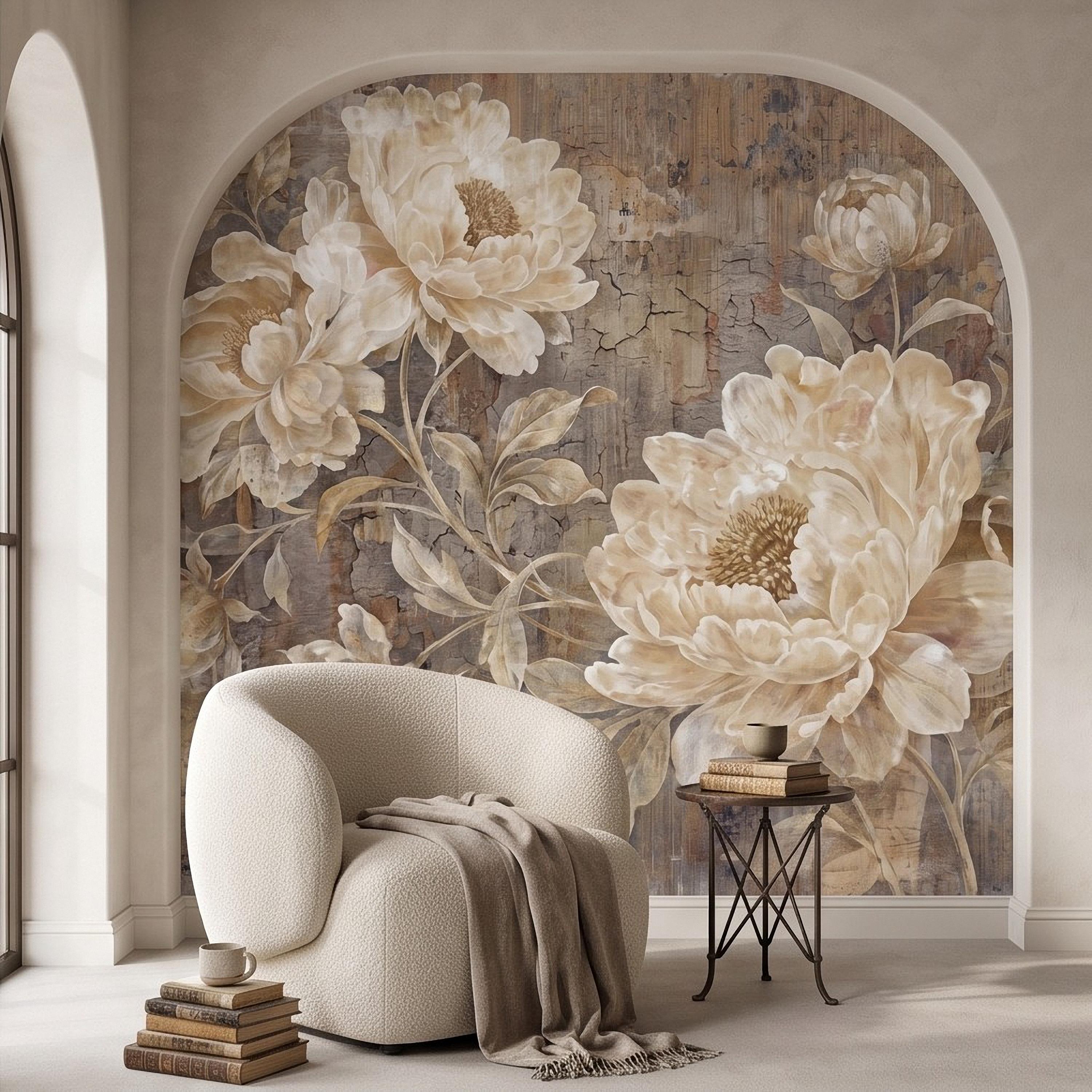 Vintage Peony Peel and Stick Wall Mural, Ivory Beige Floral Distressed Plaster Texture Antique Botanical Wallpaper
