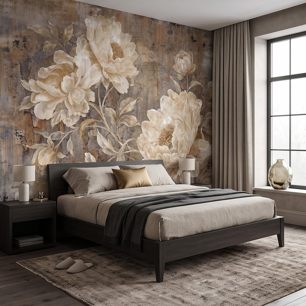 Vintage Peony Peel and Stick Wall Mural, Ivory Beige Floral Distressed Plaster Texture Antique Botanical Wallpaper
