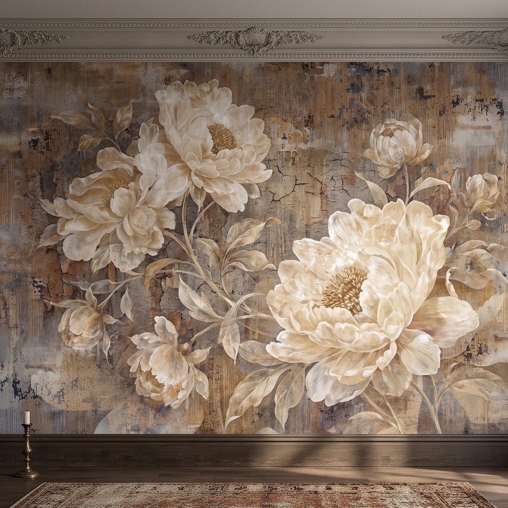 Vintage Peony Peel and Stick Wall Mural, Ivory Beige Floral Distressed Plaster Texture Antique Botanical Wallpaper