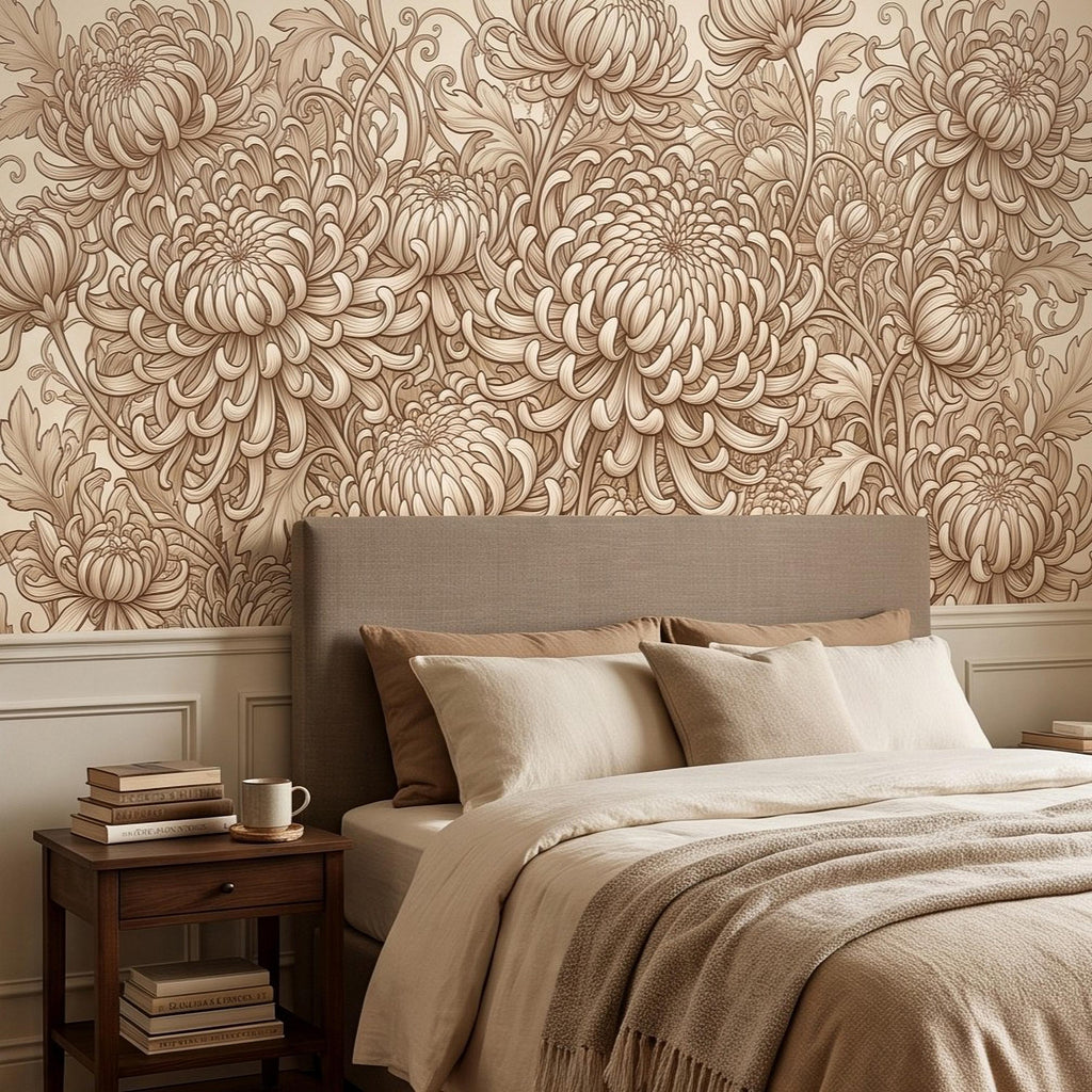 Vintage Chrysanthemum Peel and Stick Wall Mural, Beige Botanical Floral Asian Inspired Hand Drawn Bloom Line Art Wallpaper