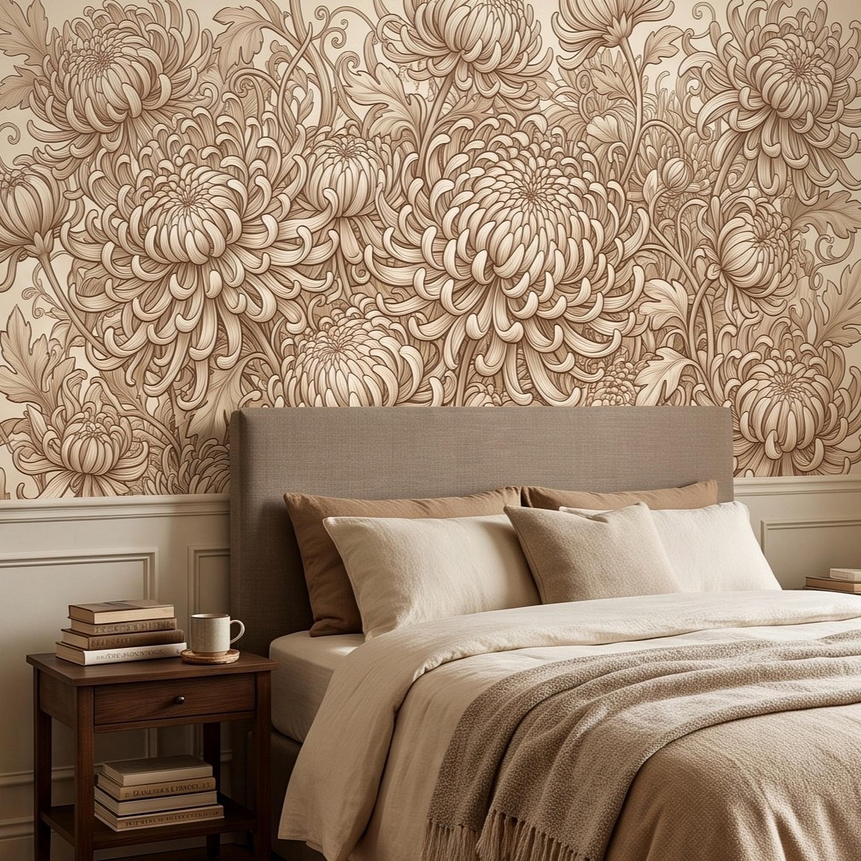 Vintage Chrysanthemum Peel and Stick Wall Mural, Beige Botanical Floral Asian Inspired Hand Drawn Bloom Line Art Wallpaper