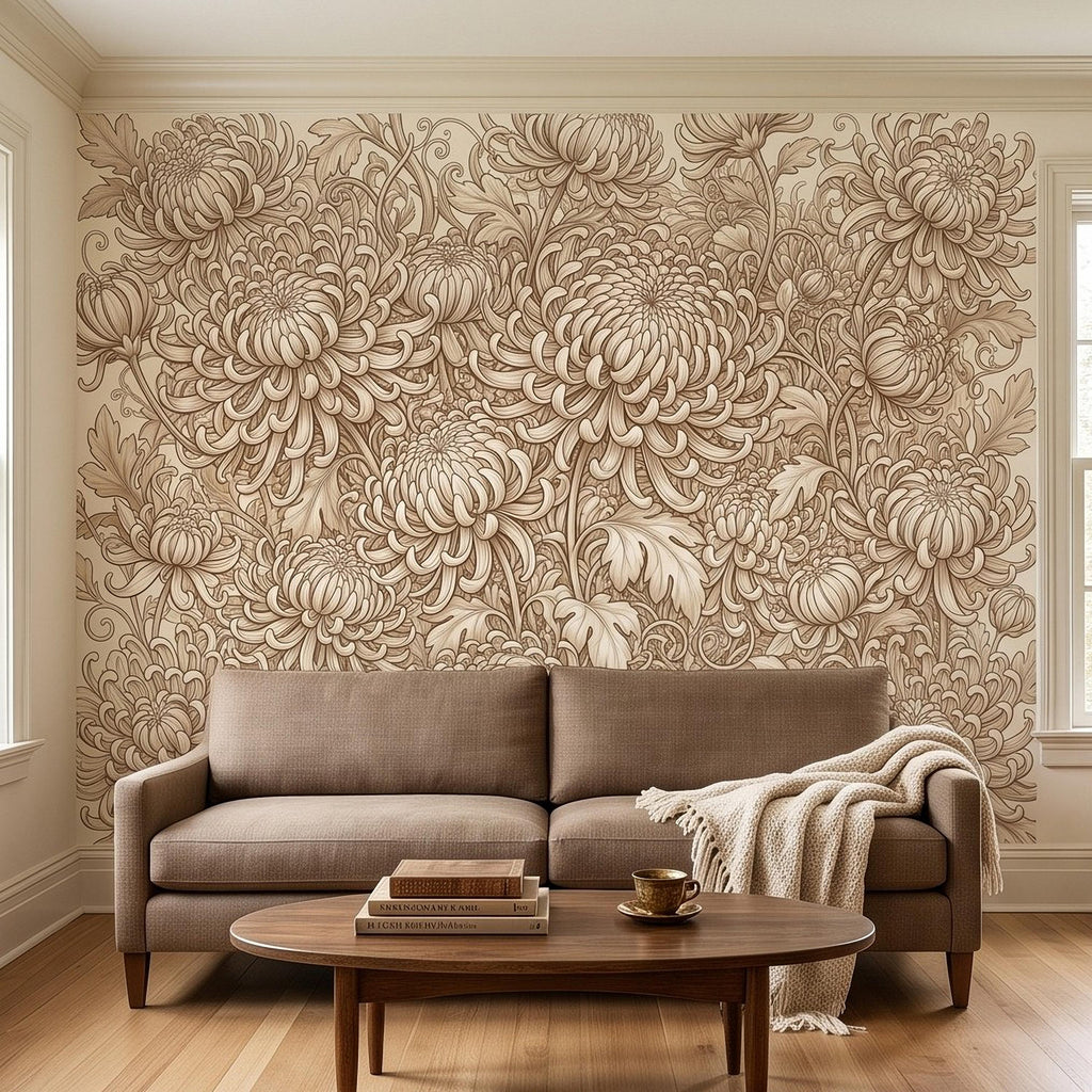 Vintage Chrysanthemum Peel and Stick Wall Mural, Beige Botanical Floral Asian Inspired Hand Drawn Bloom Line Art Wallpaper