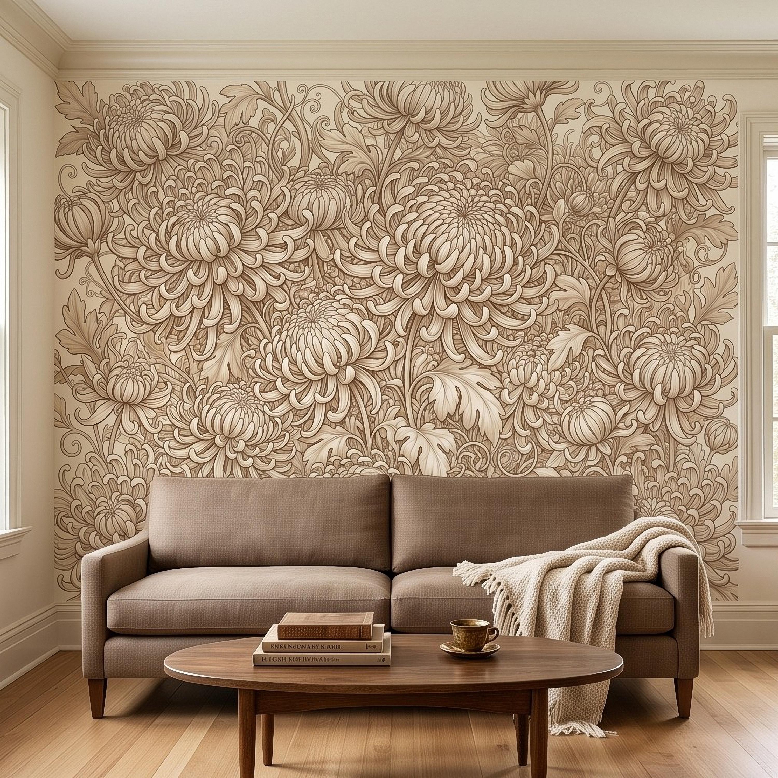 Vintage Chrysanthemum Peel and Stick Wall Mural, Beige Botanical Floral Asian Inspired Hand Drawn Bloom Line Art Wallpaper