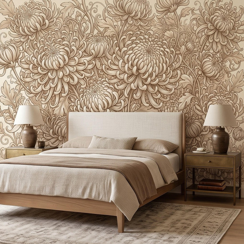 Vintage Chrysanthemum Peel and Stick Wall Mural, Beige Botanical Floral Asian Inspired Hand Drawn Bloom Line Art Wallpaper