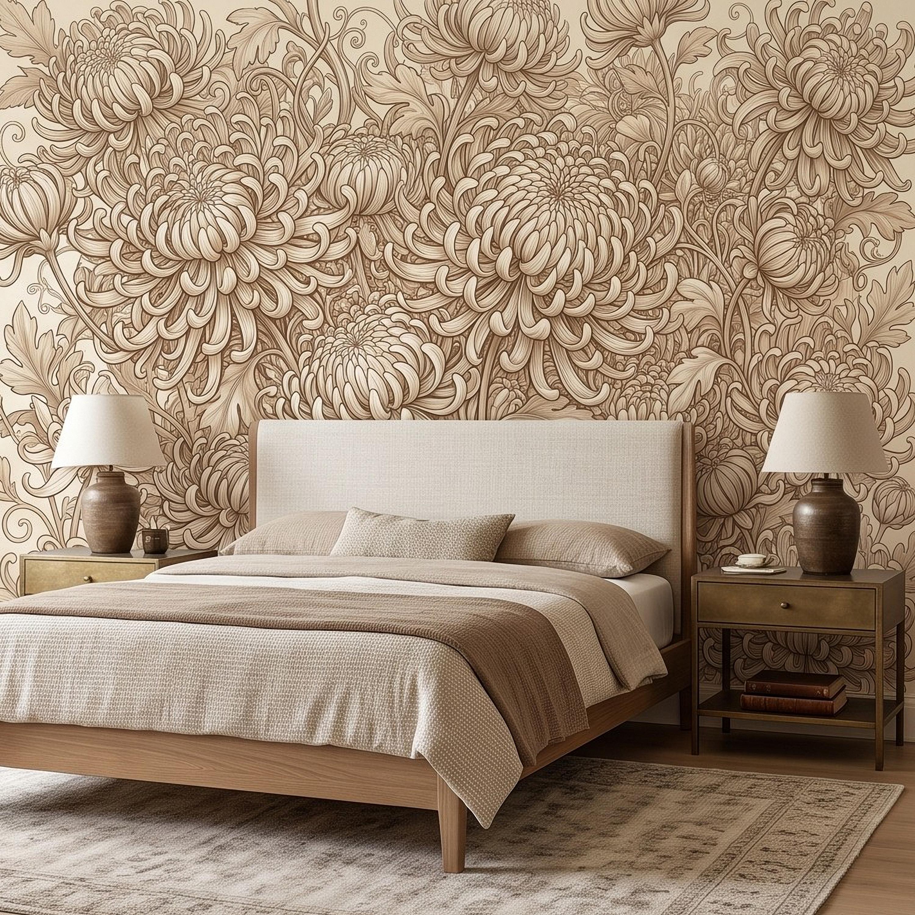 Vintage Chrysanthemum Peel and Stick Wall Mural, Beige Botanical Floral Asian Inspired Hand Drawn Bloom Line Art Wallpaper