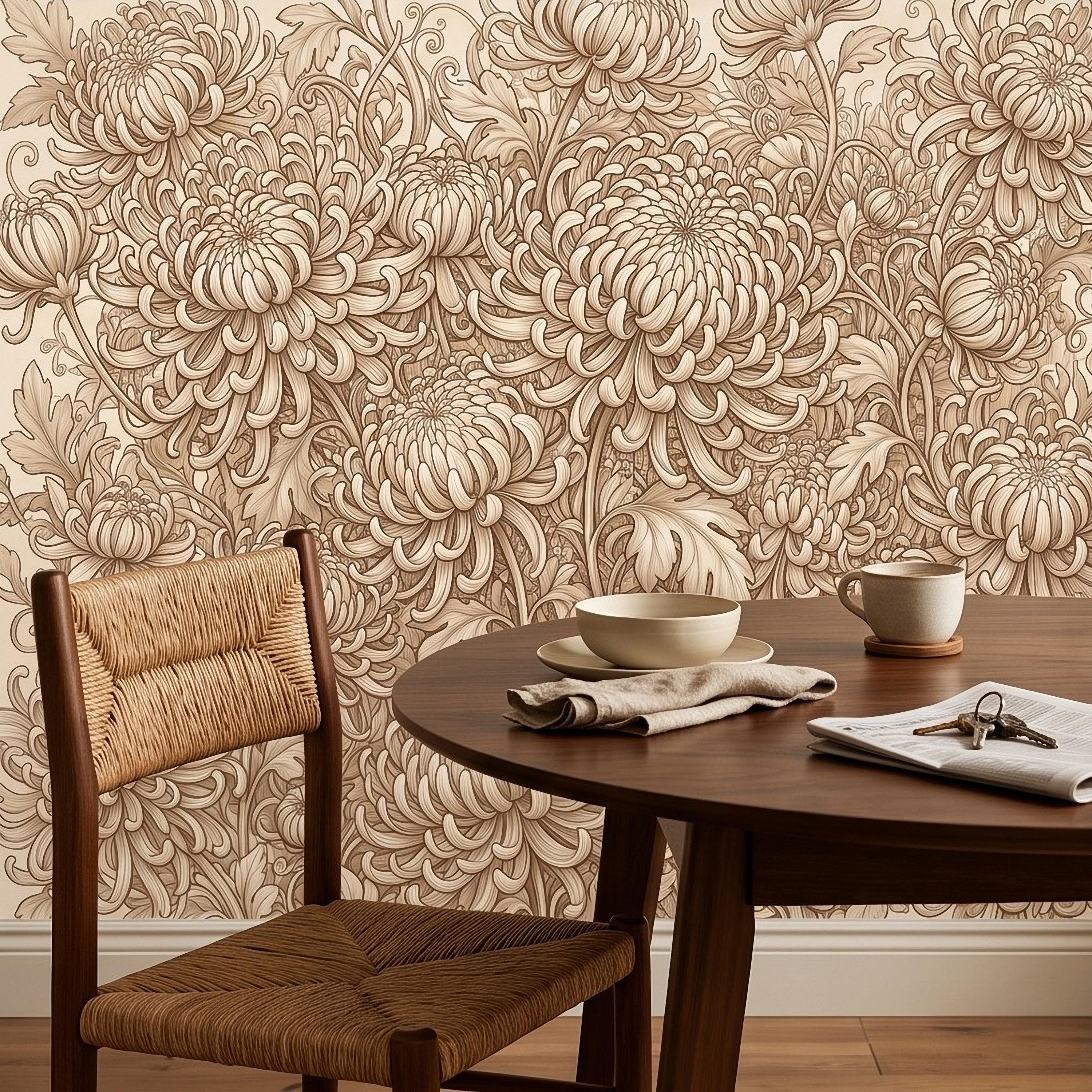 Vintage Chrysanthemum Peel and Stick Wall Mural, Beige Botanical Floral Asian Inspired Hand Drawn Bloom Line Art Wallpaper