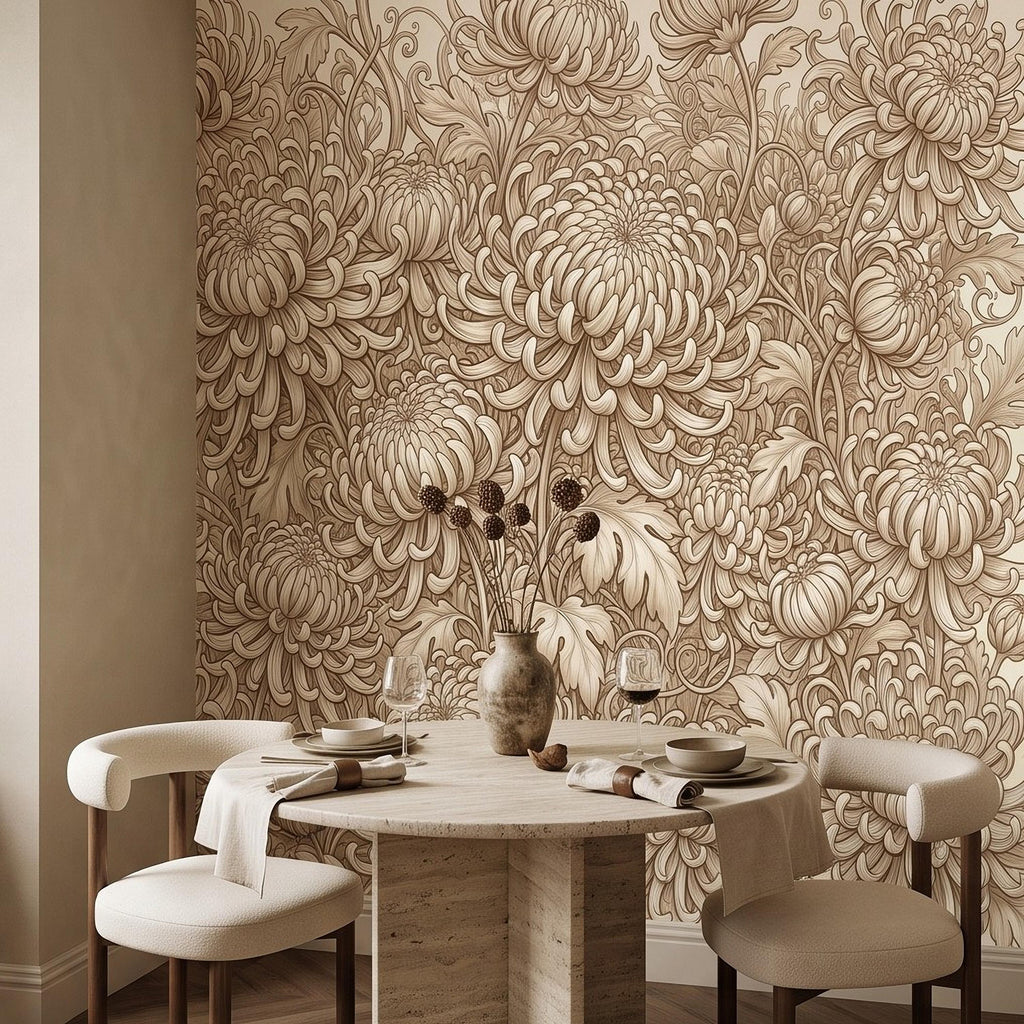 Vintage Chrysanthemum Peel and Stick Wall Mural, Beige Botanical Floral Asian Inspired Hand Drawn Bloom Line Art Wallpaper