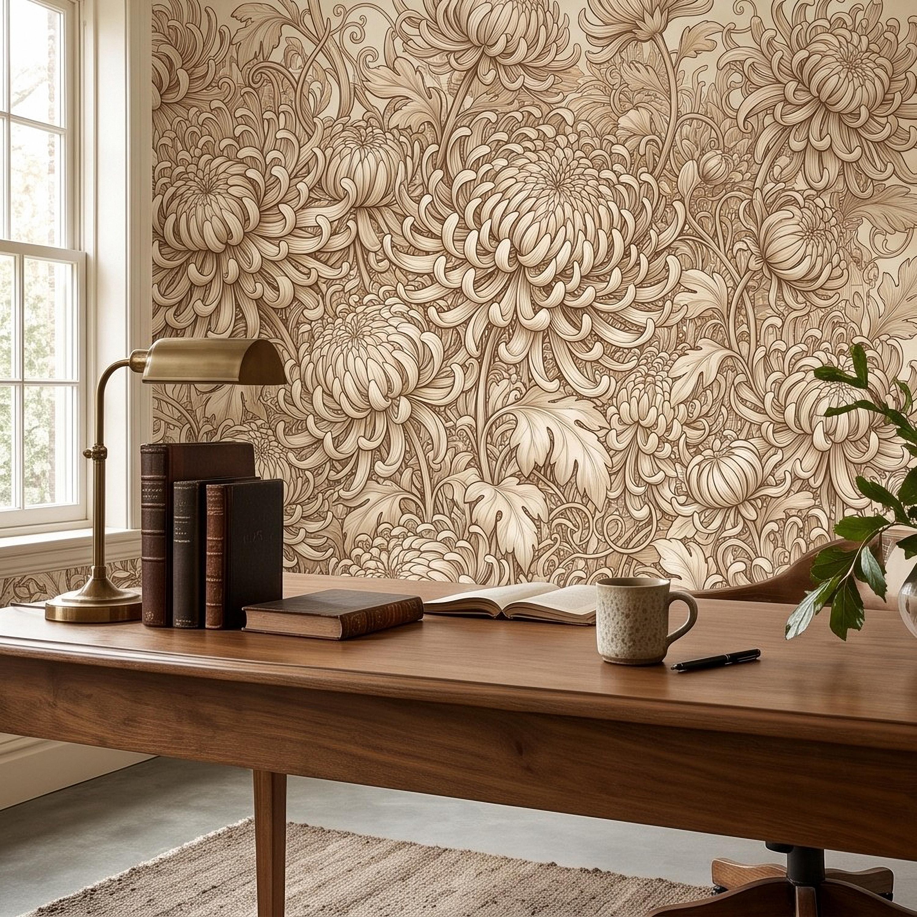 Vintage Chrysanthemum Peel and Stick Wall Mural, Beige Botanical Floral Asian Inspired Hand Drawn Bloom Line Art Wallpaper