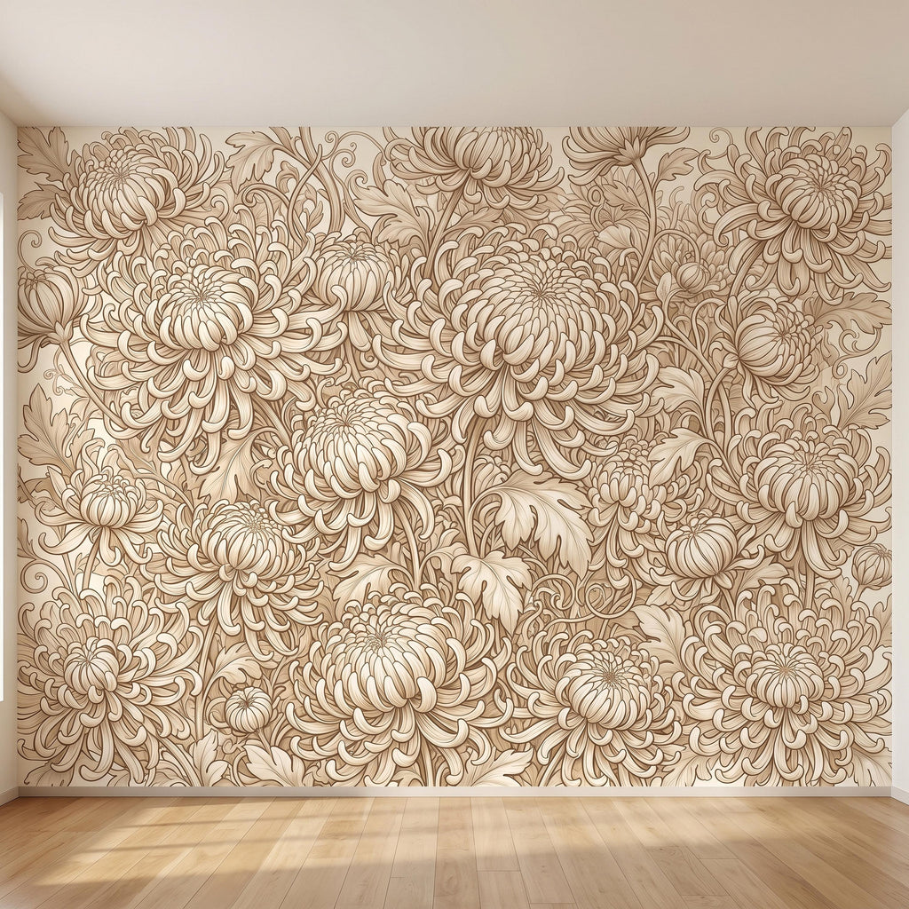 Vintage Chrysanthemum Peel and Stick Wall Mural, Beige Botanical Floral Asian Inspired Hand Drawn Bloom Line Art Wallpaper