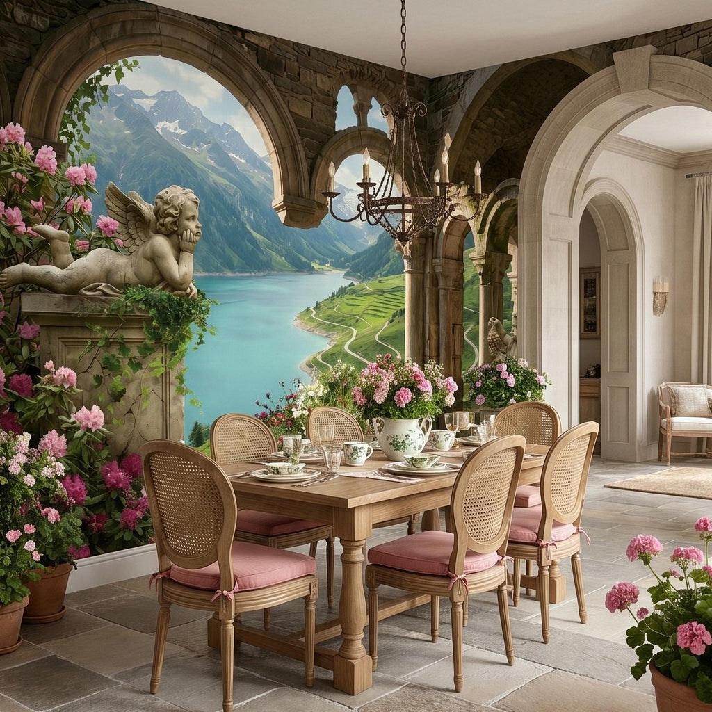 Ancient Stone Arch Peel and Stick Wall Mural, Alpine Lake Landscape Romantic Garden Ruins, Cherub Statue Scenic View Wallpaper