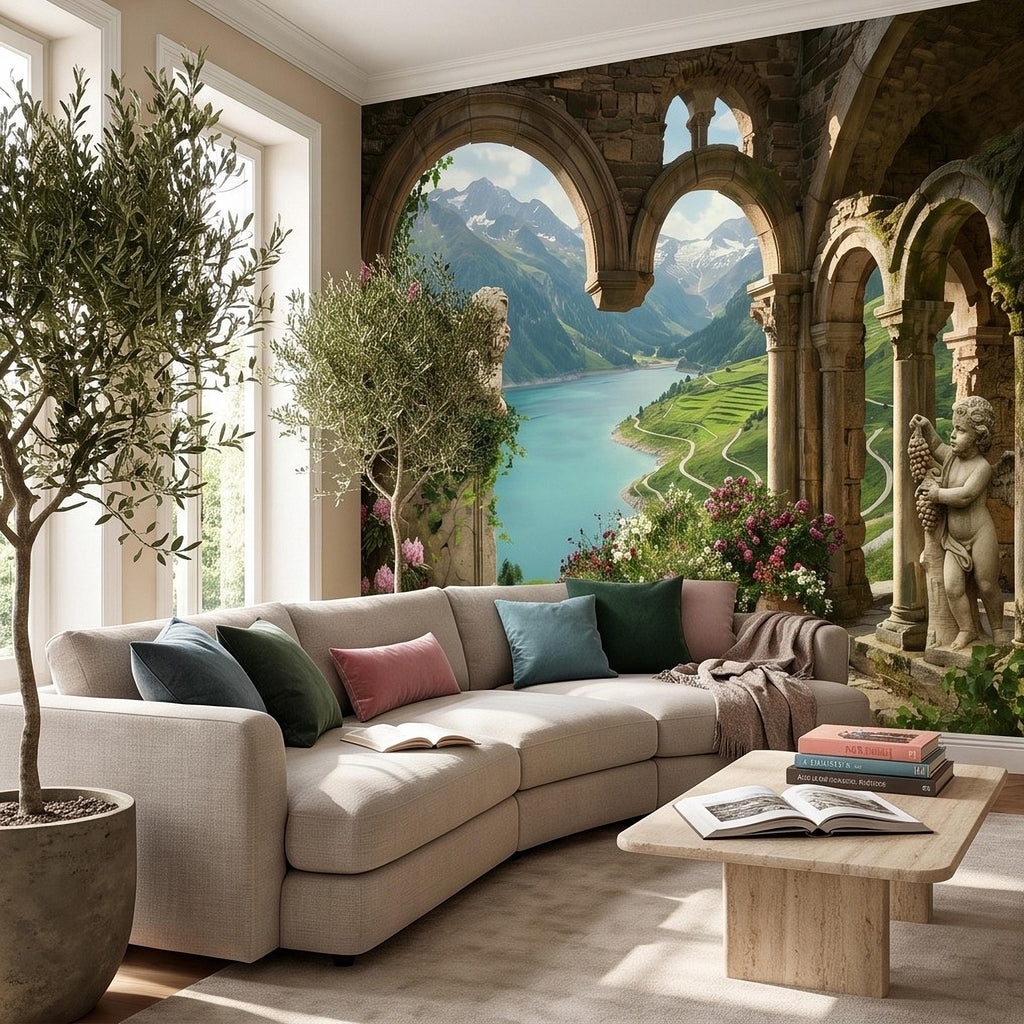 Ancient Stone Arch Peel and Stick Wall Mural, Alpine Lake Landscape Romantic Garden Ruins, Cherub Statue Scenic View Wallpaper