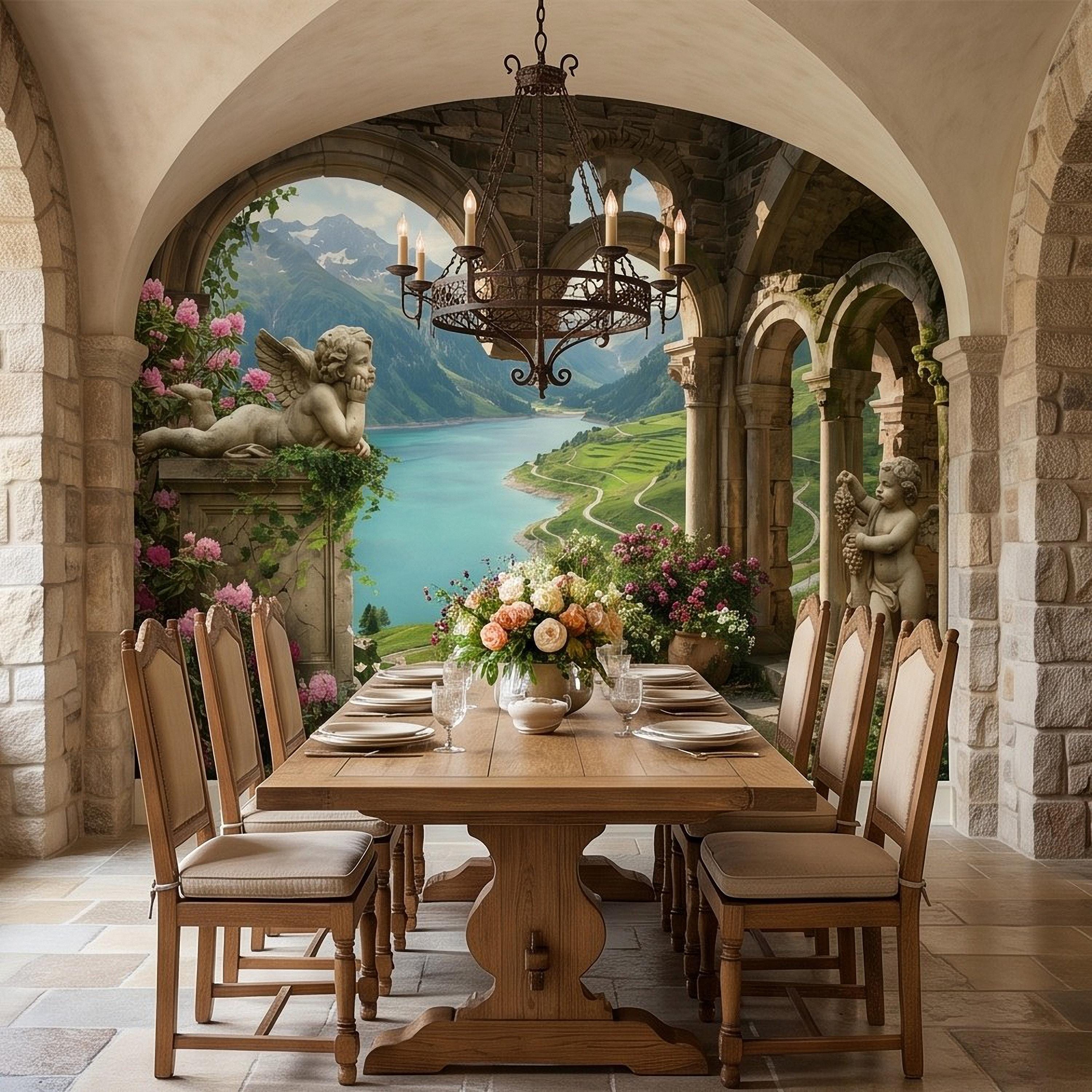 Ancient Stone Arch Peel and Stick Wall Mural, Alpine Lake Landscape Romantic Garden Ruins, Cherub Statue Scenic View Wallpaper