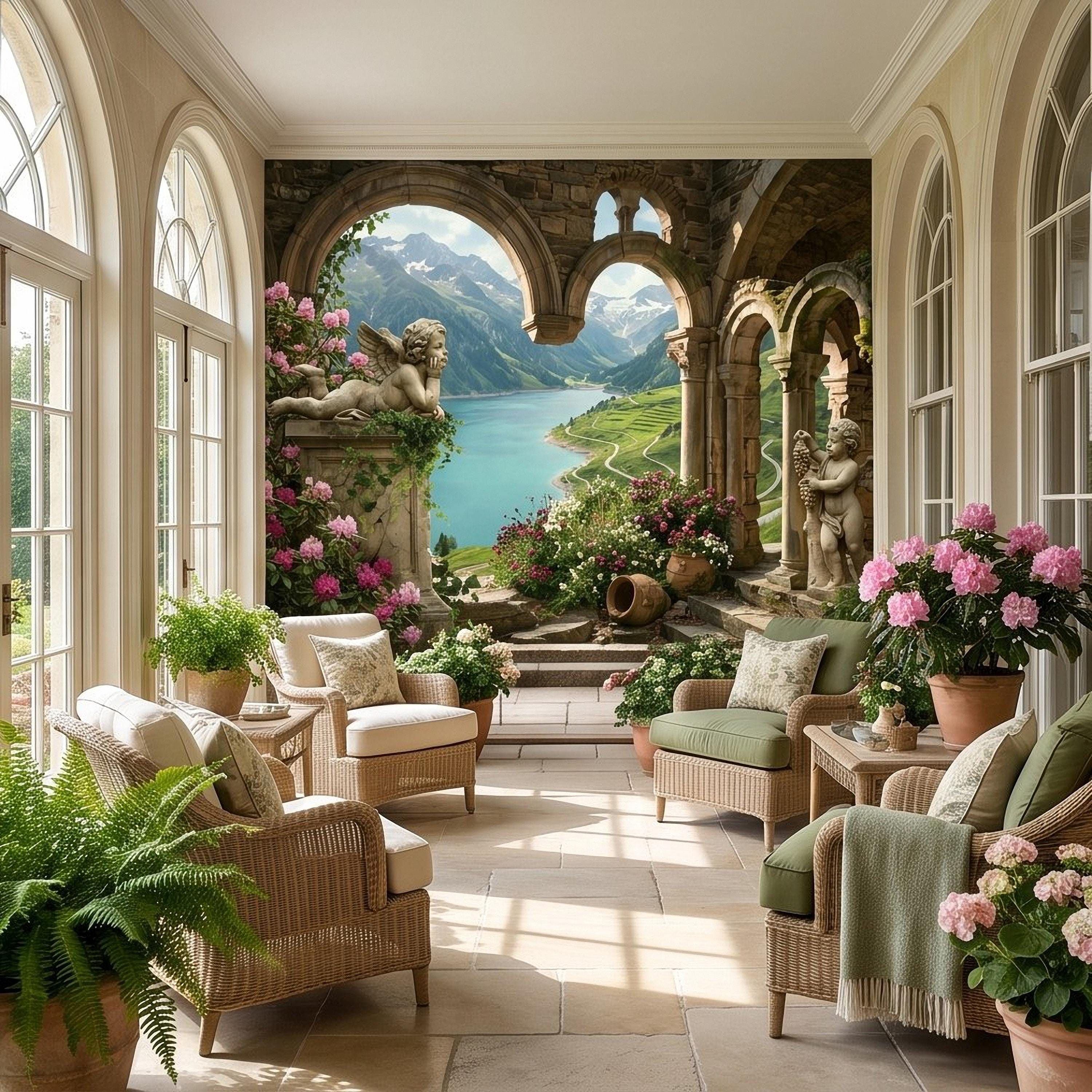 Ancient Stone Arch Peel and Stick Wall Mural, Alpine Lake Landscape Romantic Garden Ruins, Cherub Statue Scenic View Wallpaper