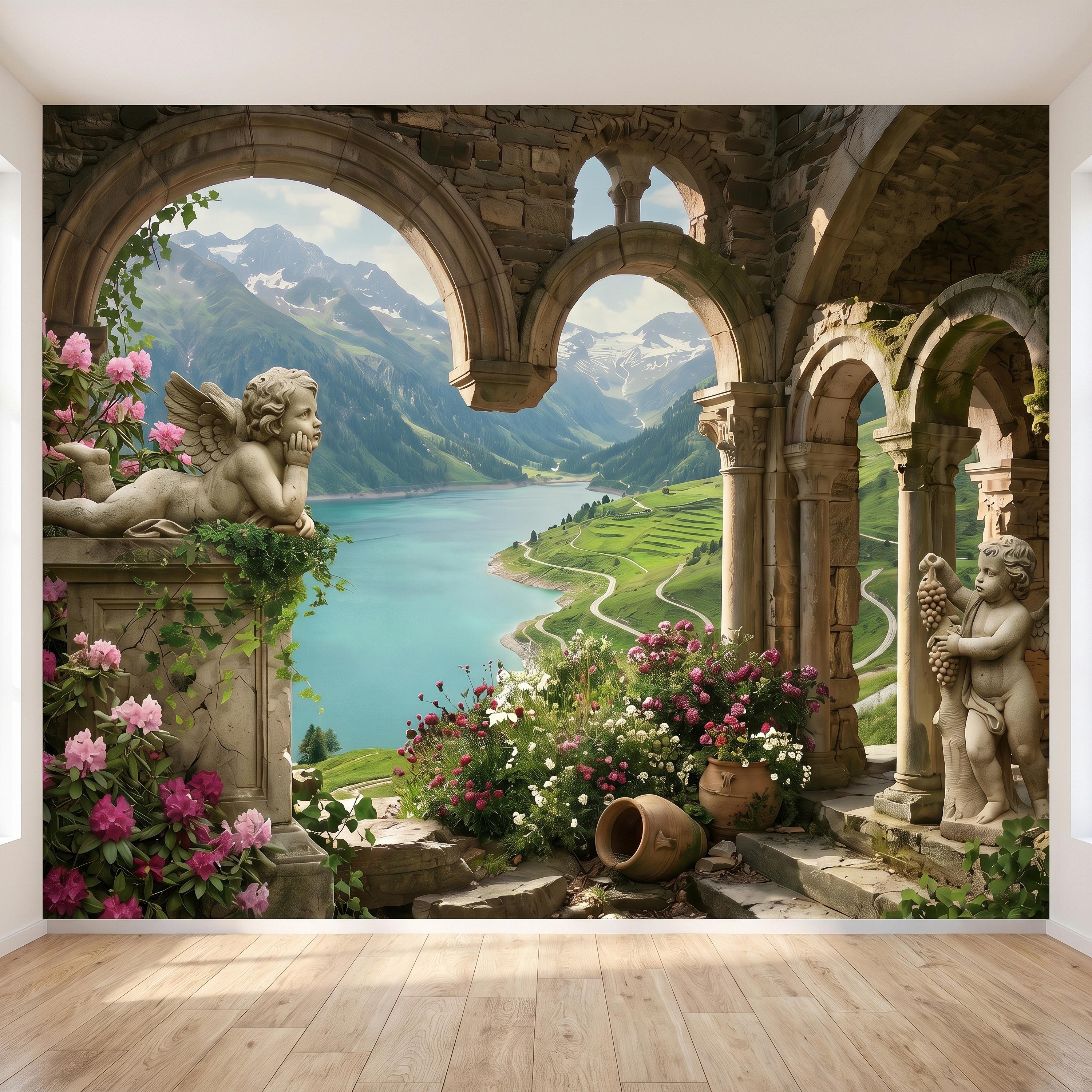 Ancient Stone Arch Peel and Stick Wall Mural, Alpine Lake Landscape Romantic Garden Ruins, Cherub Statue Scenic View Wallpaper