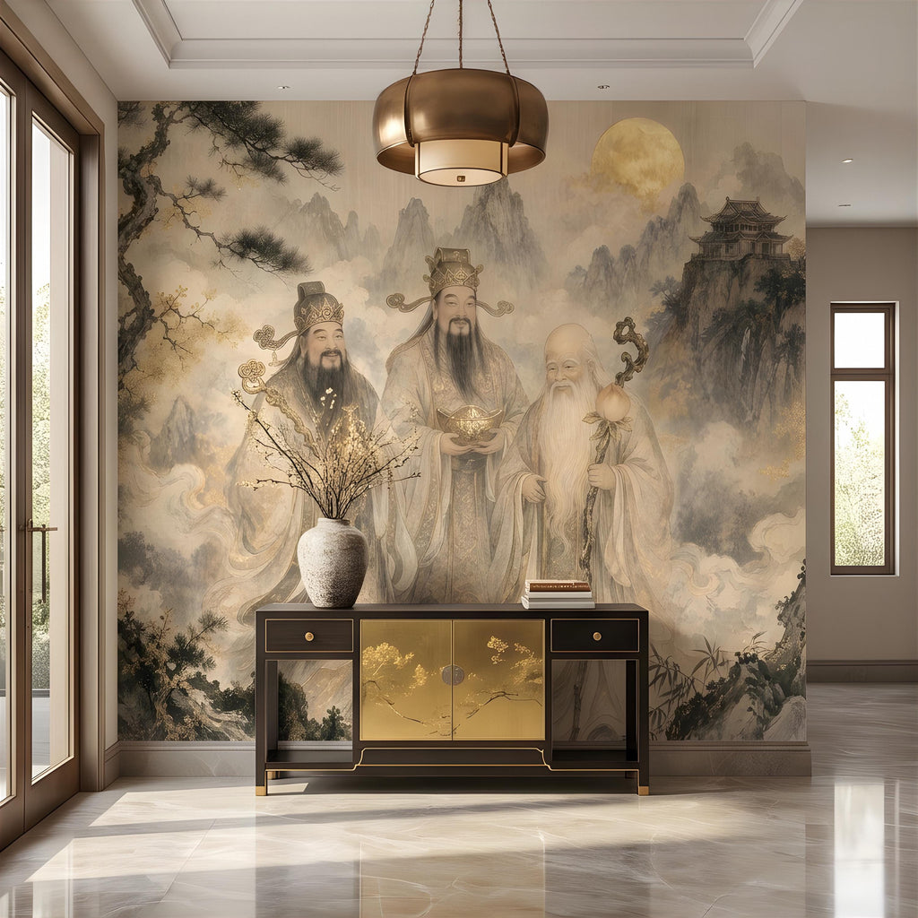 Fu Lu Shou Peel and Stick Wall Mural, Chinese Three Star Gods, Sanxing Traditional Landscape, Oriental Ink Painting Wallpaper