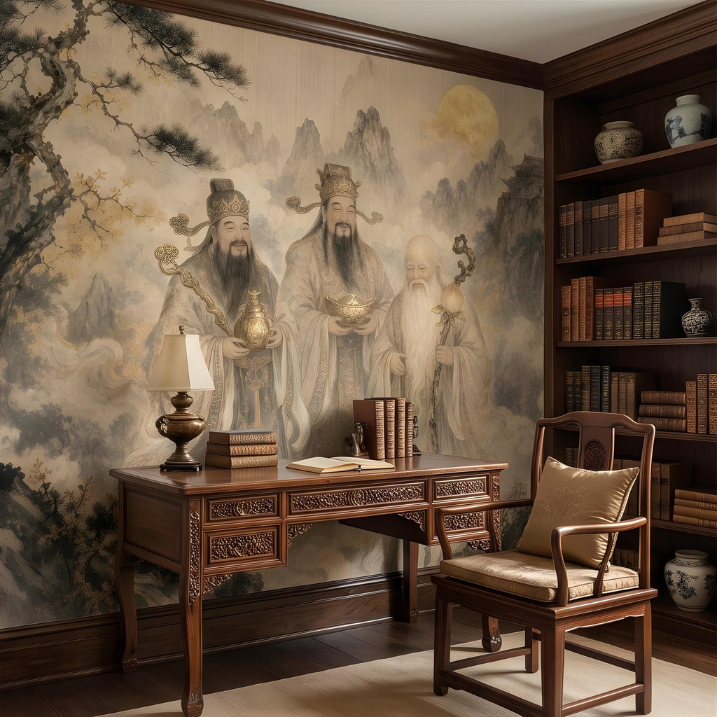 Fu Lu Shou Peel and Stick Wall Mural, Chinese Three Star Gods, Sanxing Traditional Landscape, Oriental Ink Painting Wallpaper