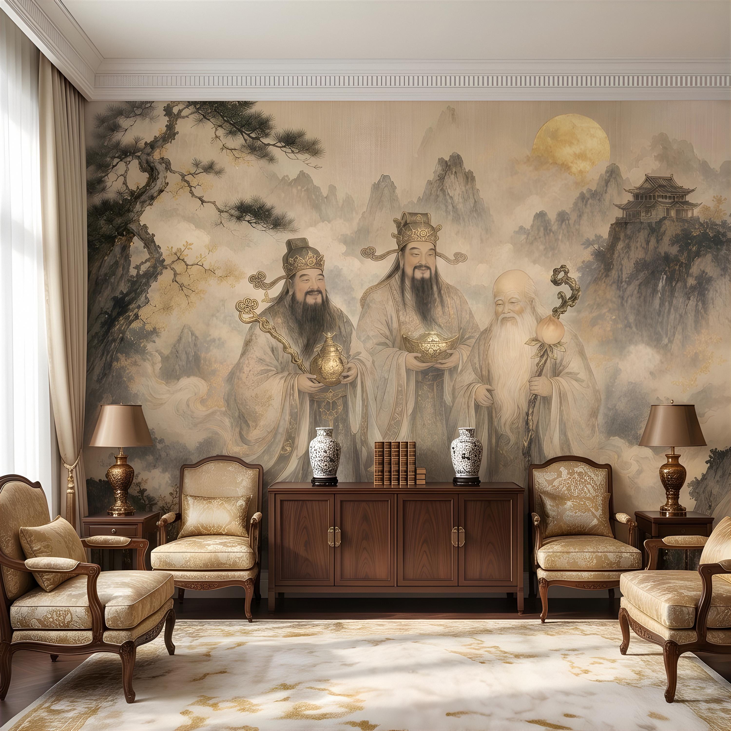 Fu Lu Shou Peel and Stick Wall Mural, Chinese Three Star Gods, Sanxing Traditional Landscape, Oriental Ink Painting Wallpaper