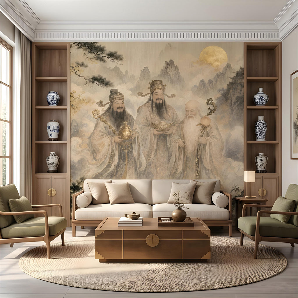 Fu Lu Shou Peel and Stick Wall Mural, Chinese Three Star Gods, Sanxing Traditional Landscape, Oriental Ink Painting Wallpaper