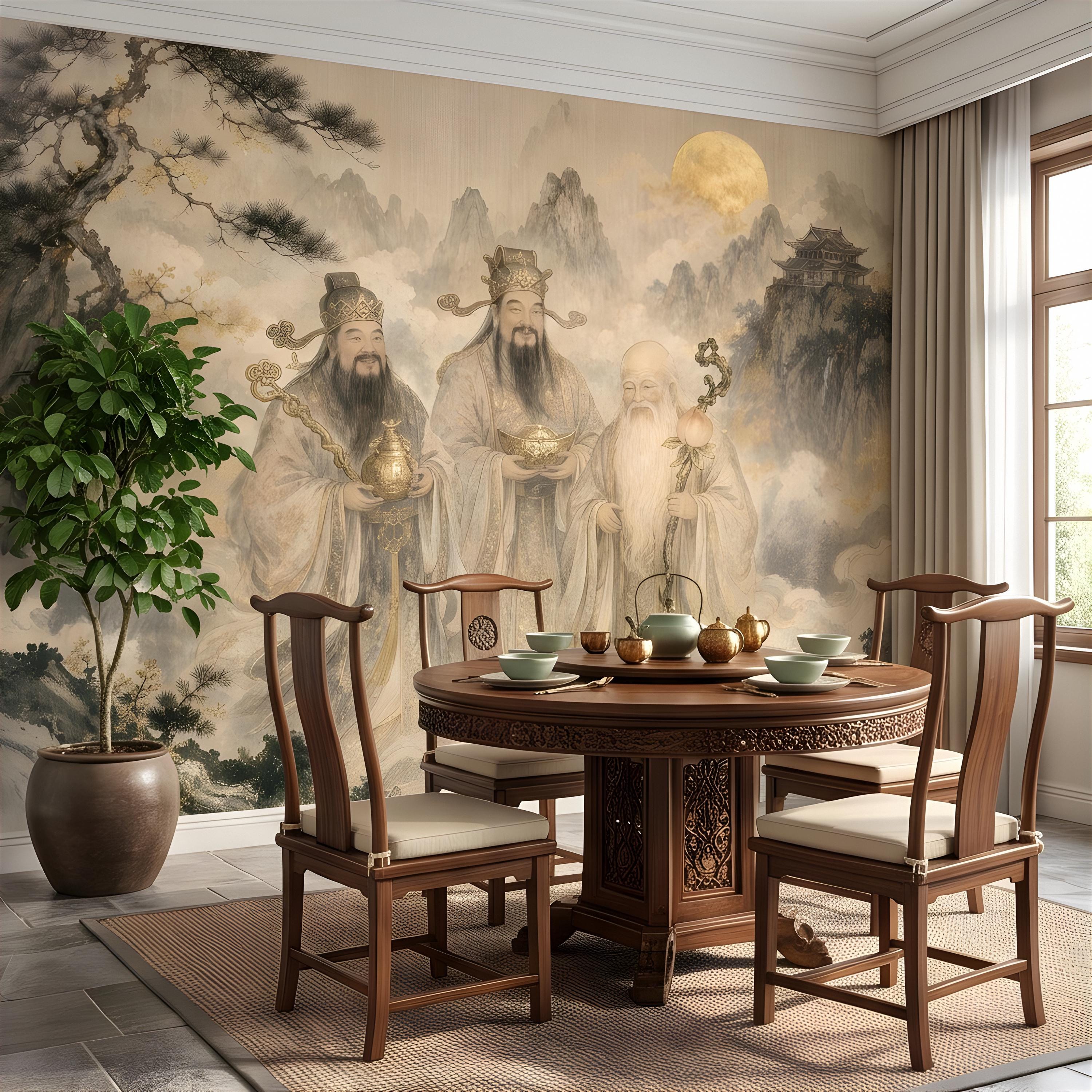 Fu Lu Shou Peel and Stick Wall Mural, Chinese Three Star Gods, Sanxing Traditional Landscape, Oriental Ink Painting Wallpaper
