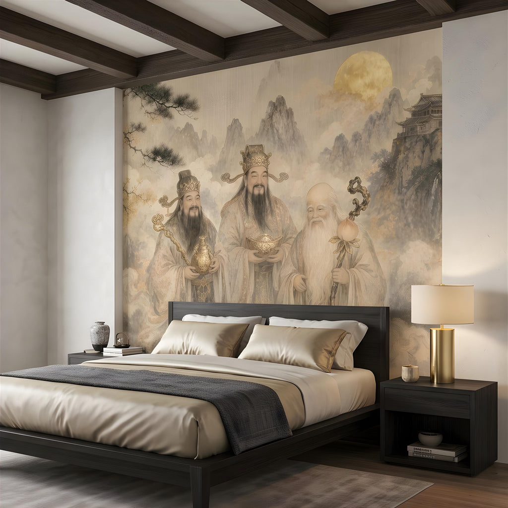 Fu Lu Shou Peel and Stick Wall Mural, Chinese Three Star Gods, Sanxing Traditional Landscape, Oriental Ink Painting Wallpaper