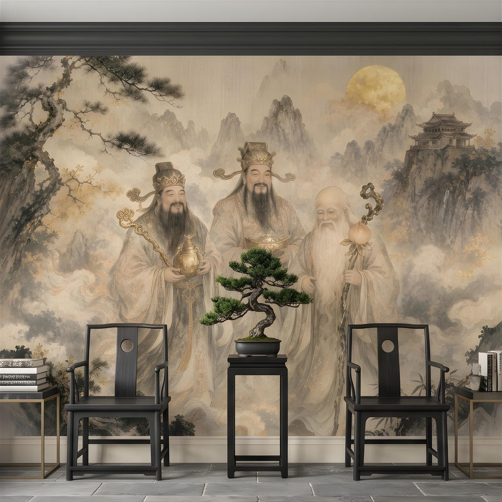 Fu Lu Shou Peel and Stick Wall Mural, Chinese Three Star Gods, Sanxing Traditional Landscape, Oriental Ink Painting Wallpaper