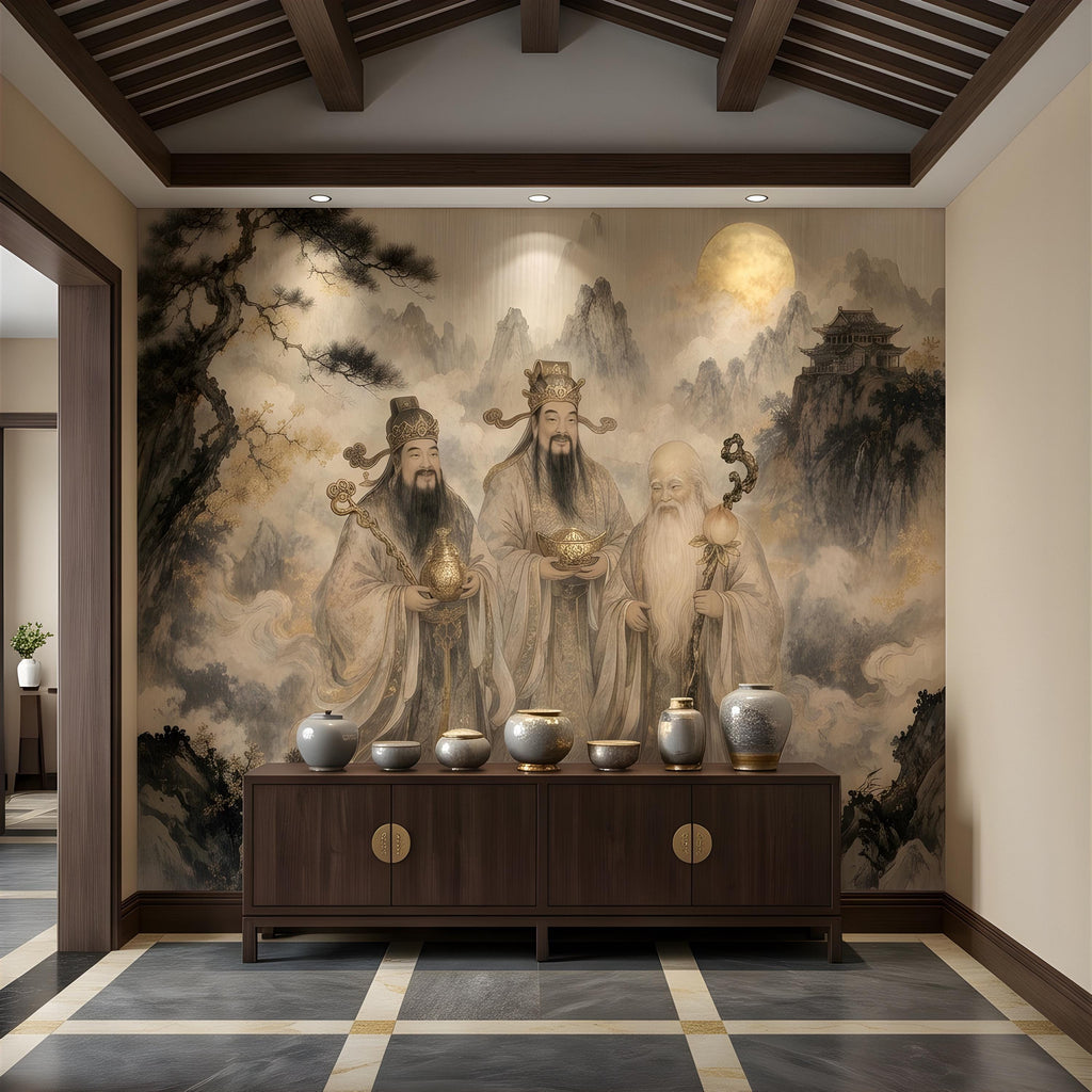Fu Lu Shou Peel and Stick Wall Mural, Chinese Three Star Gods, Sanxing Traditional Landscape, Oriental Ink Painting Wallpaper