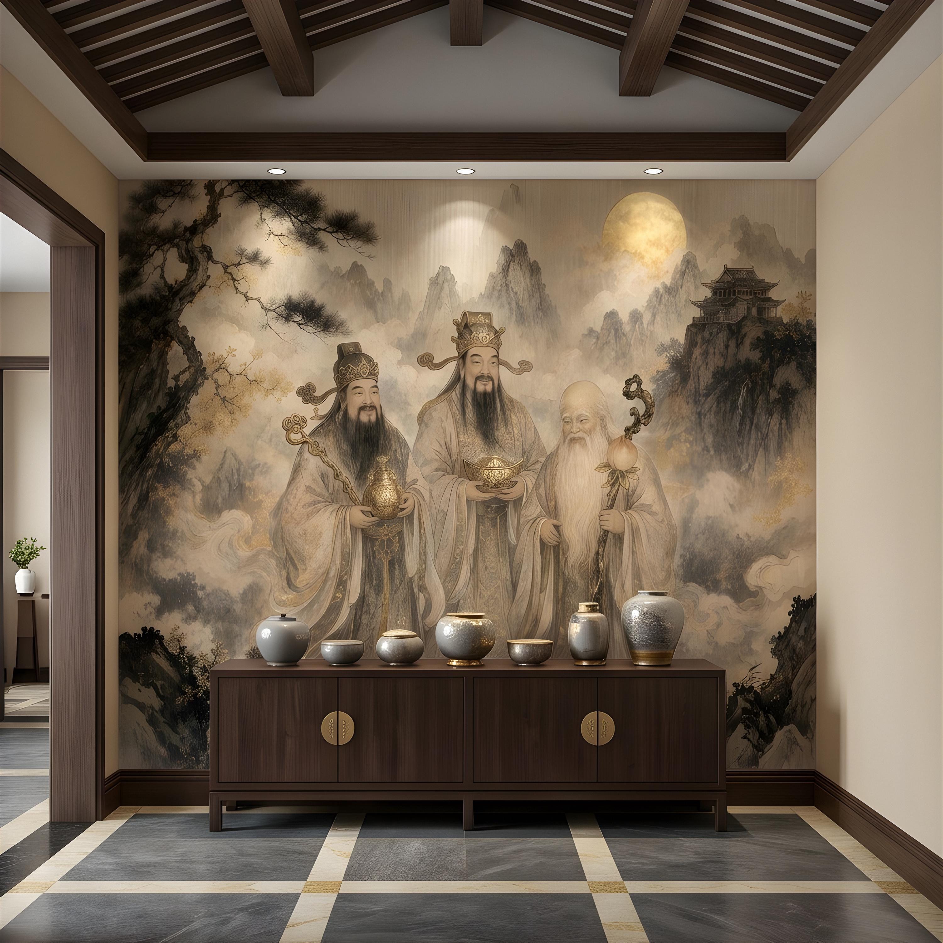 Fu Lu Shou Peel and Stick Wall Mural, Chinese Three Star Gods, Sanxing Traditional Landscape, Oriental Ink Painting Wallpaper