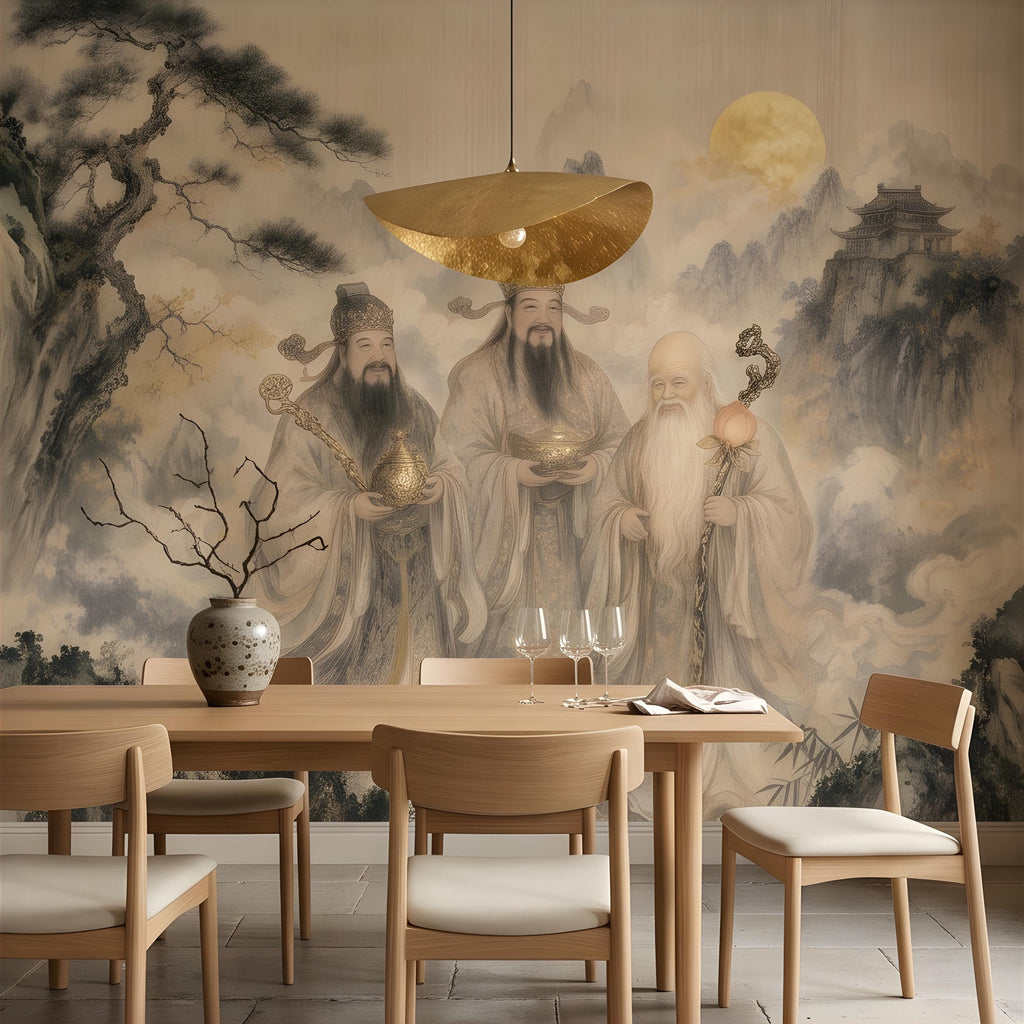 Fu Lu Shou Peel and Stick Wall Mural, Chinese Three Star Gods, Sanxing Traditional Landscape, Oriental Ink Painting Wallpaper