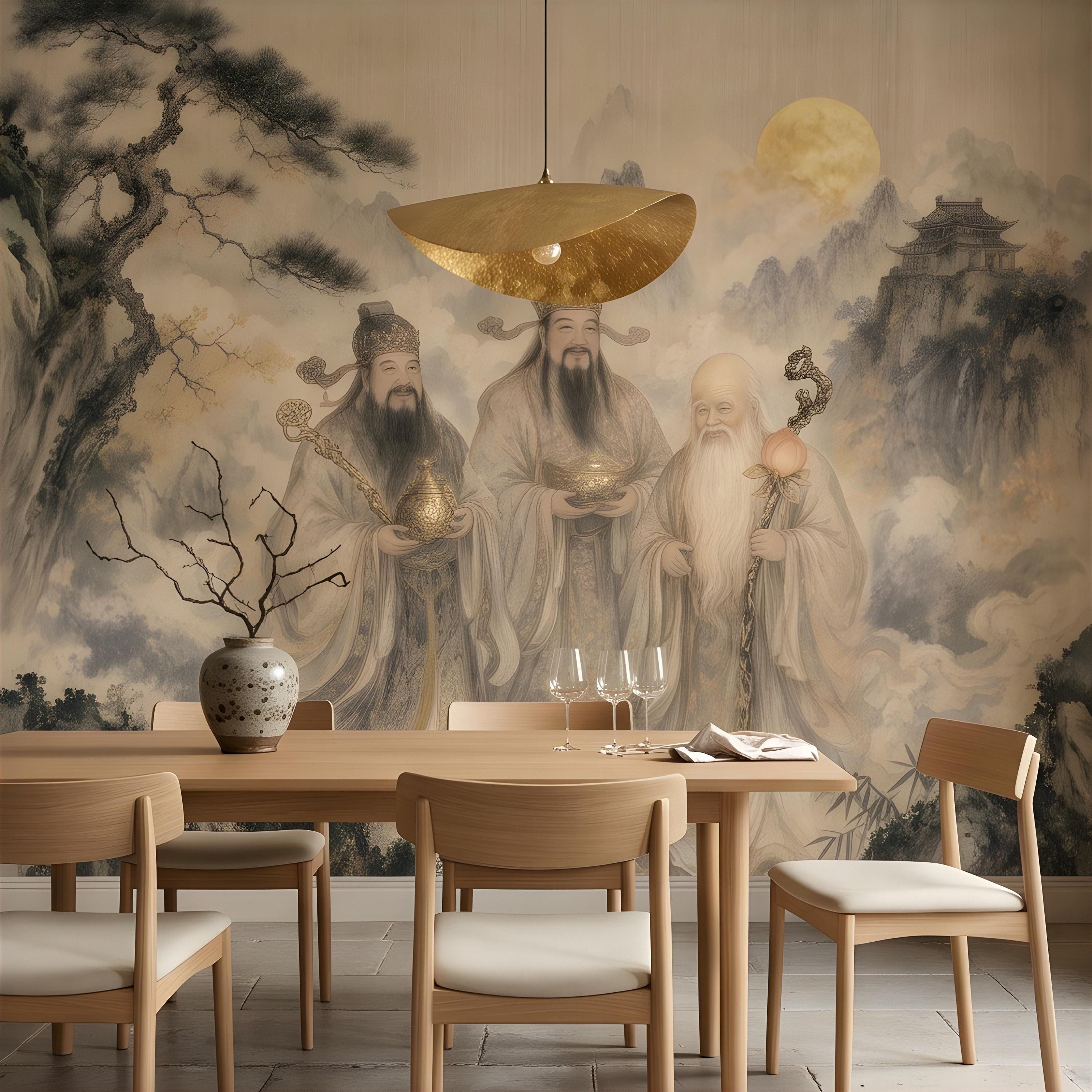 Fu Lu Shou Peel and Stick Wall Mural, Chinese Three Star Gods, Sanxing Traditional Landscape, Oriental Ink Painting Wallpaper
