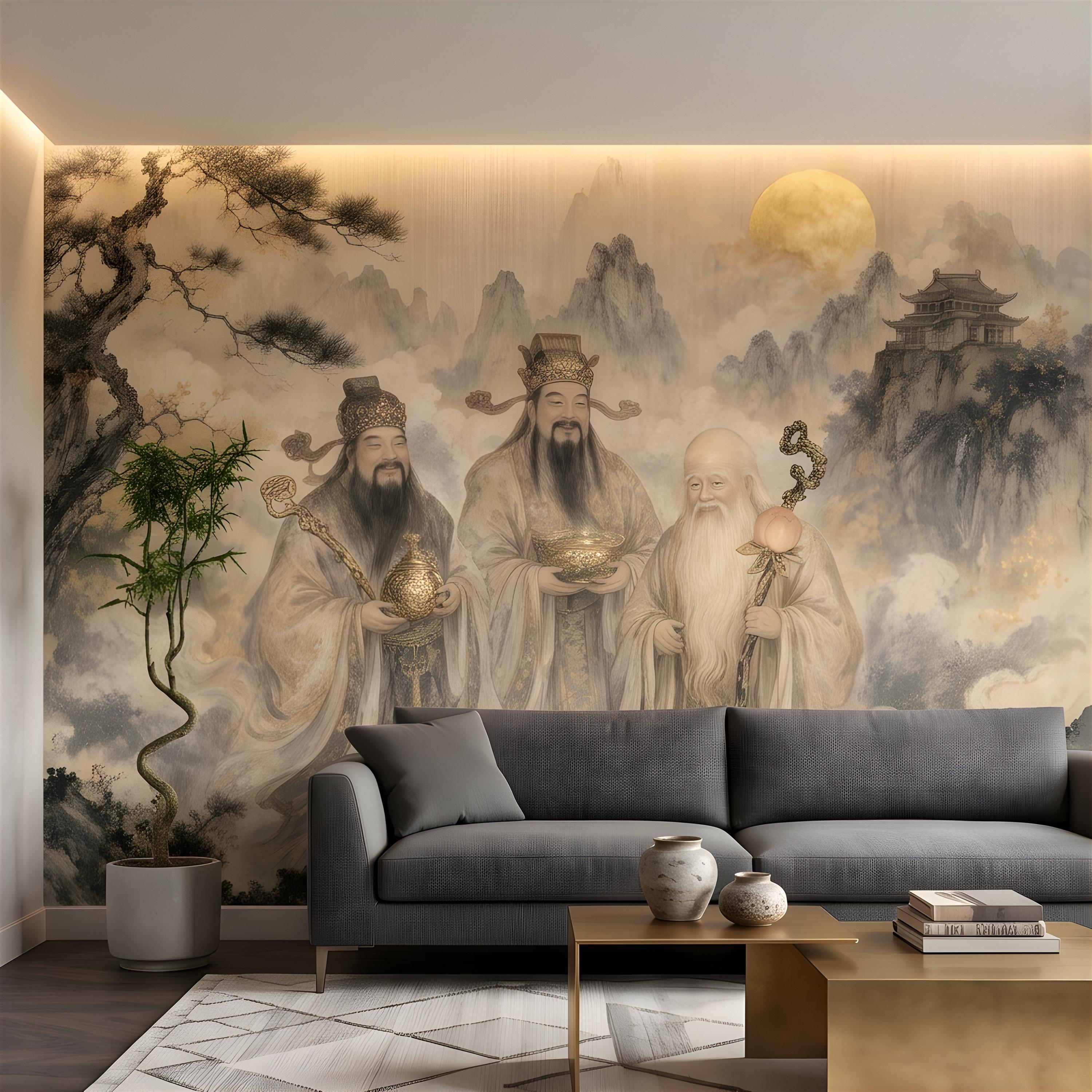 Fu Lu Shou Peel and Stick Wall Mural, Chinese Three Star Gods, Sanxing Traditional Landscape, Oriental Ink Painting Wallpaper