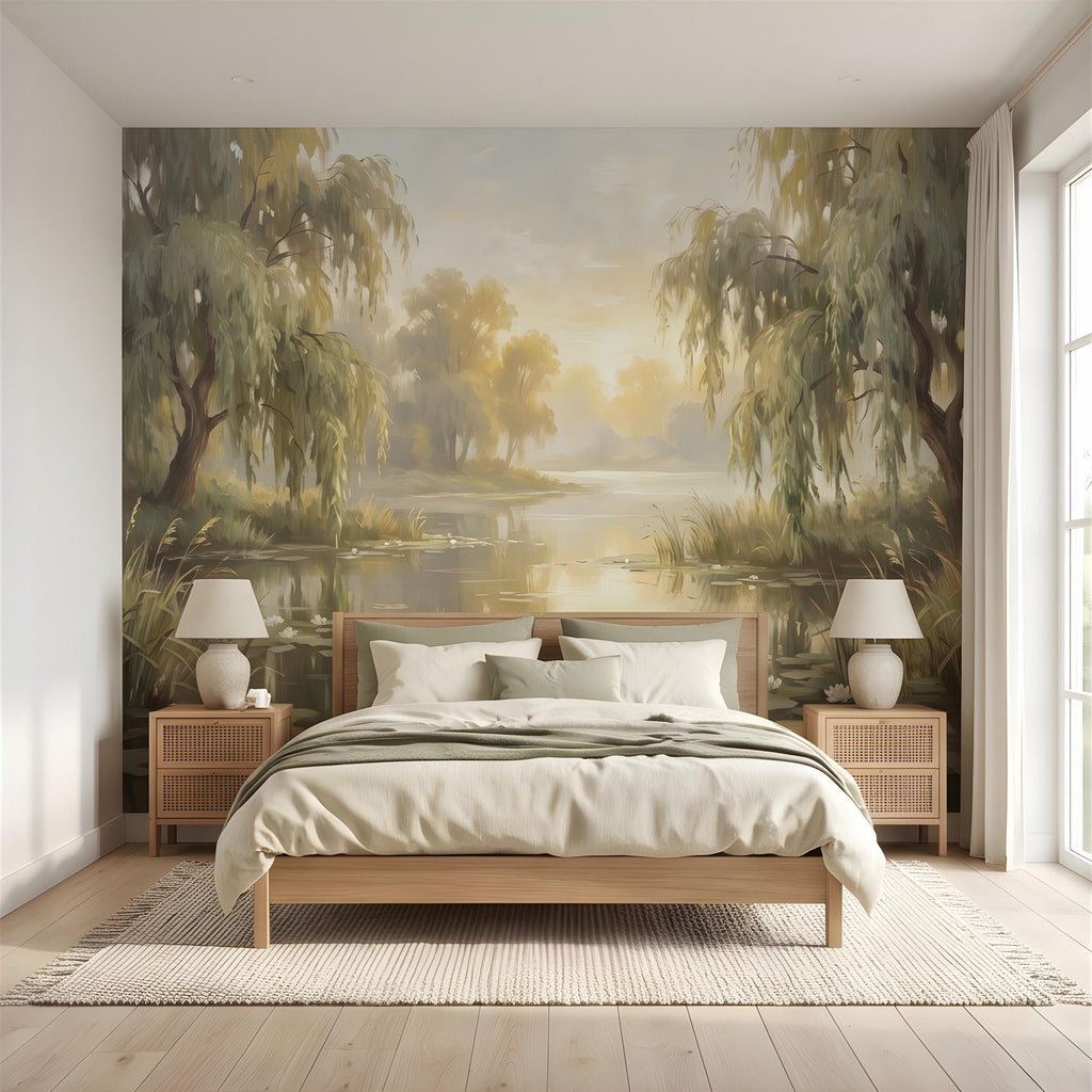 Willow Tree Landscape Peel and Stick Wall Mural, Tranquil Pond with Water Lilies, Impressionist Nature Painting Wallpaper