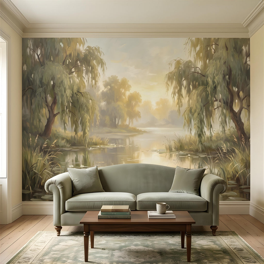 Willow Tree Landscape Peel and Stick Wall Mural, Tranquil Pond with Water Lilies, Impressionist Nature Painting Wallpaper