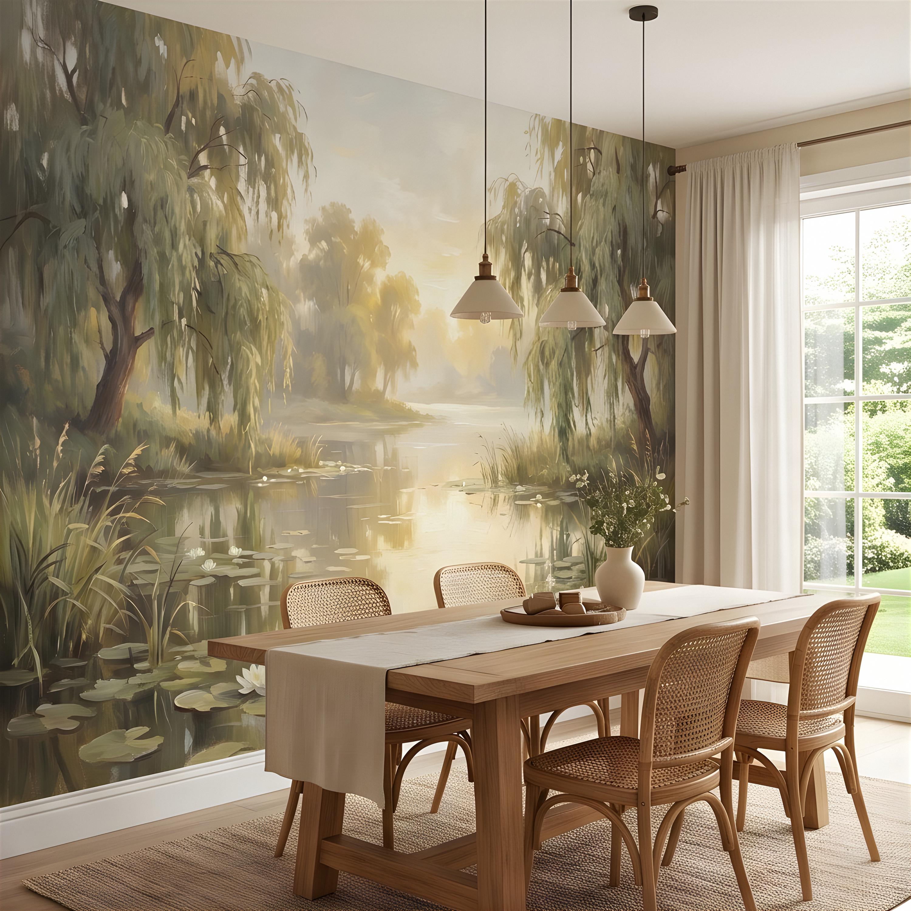 Willow Tree Landscape Peel and Stick Wall Mural, Tranquil Pond with Water Lilies, Impressionist Nature Painting Wallpaper