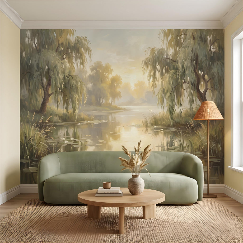 Willow Tree Landscape Peel and Stick Wall Mural, Tranquil Pond with Water Lilies, Impressionist Nature Painting Wallpaper