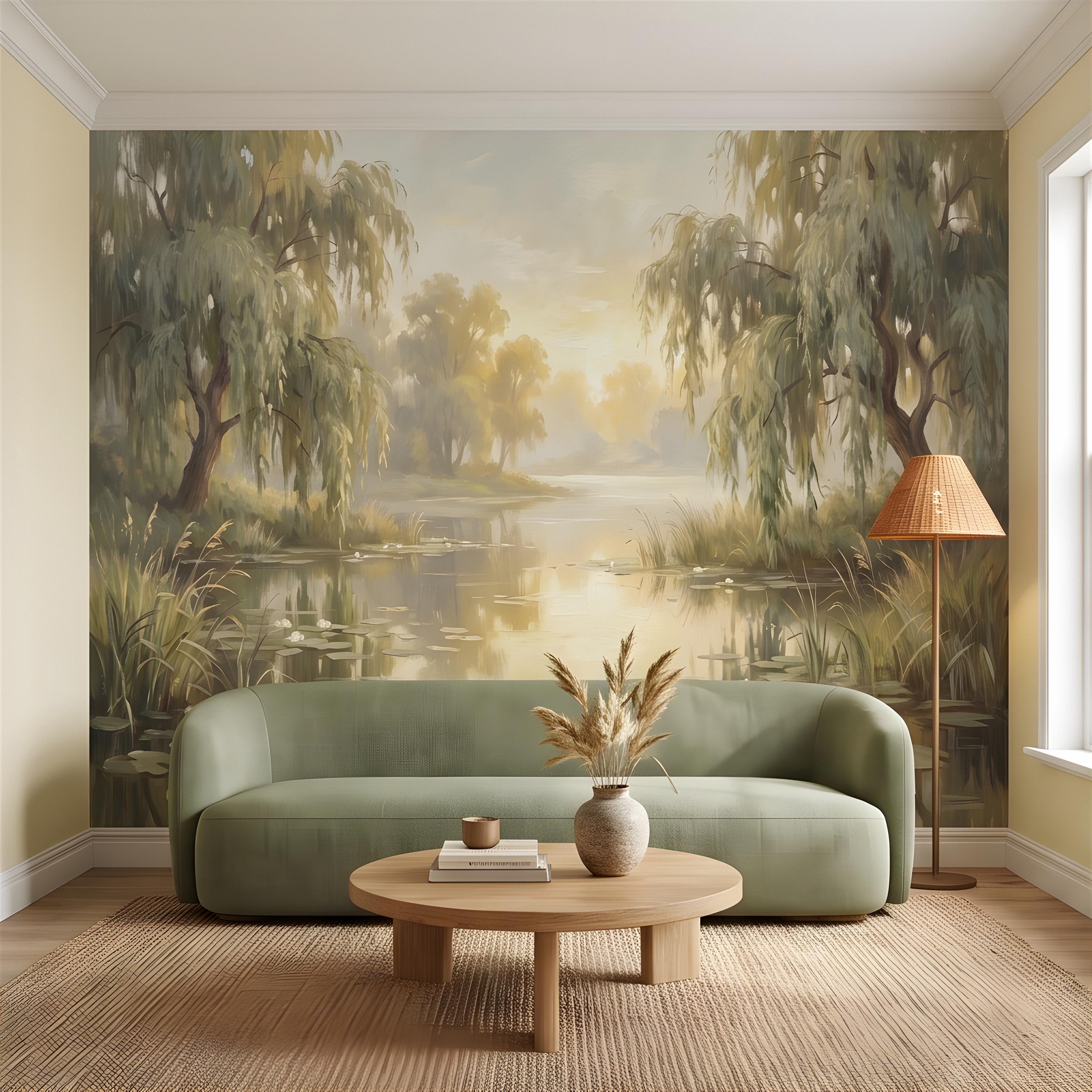 Willow Tree Landscape Peel and Stick Wall Mural, Tranquil Pond with Water Lilies, Impressionist Nature Painting Wallpaper