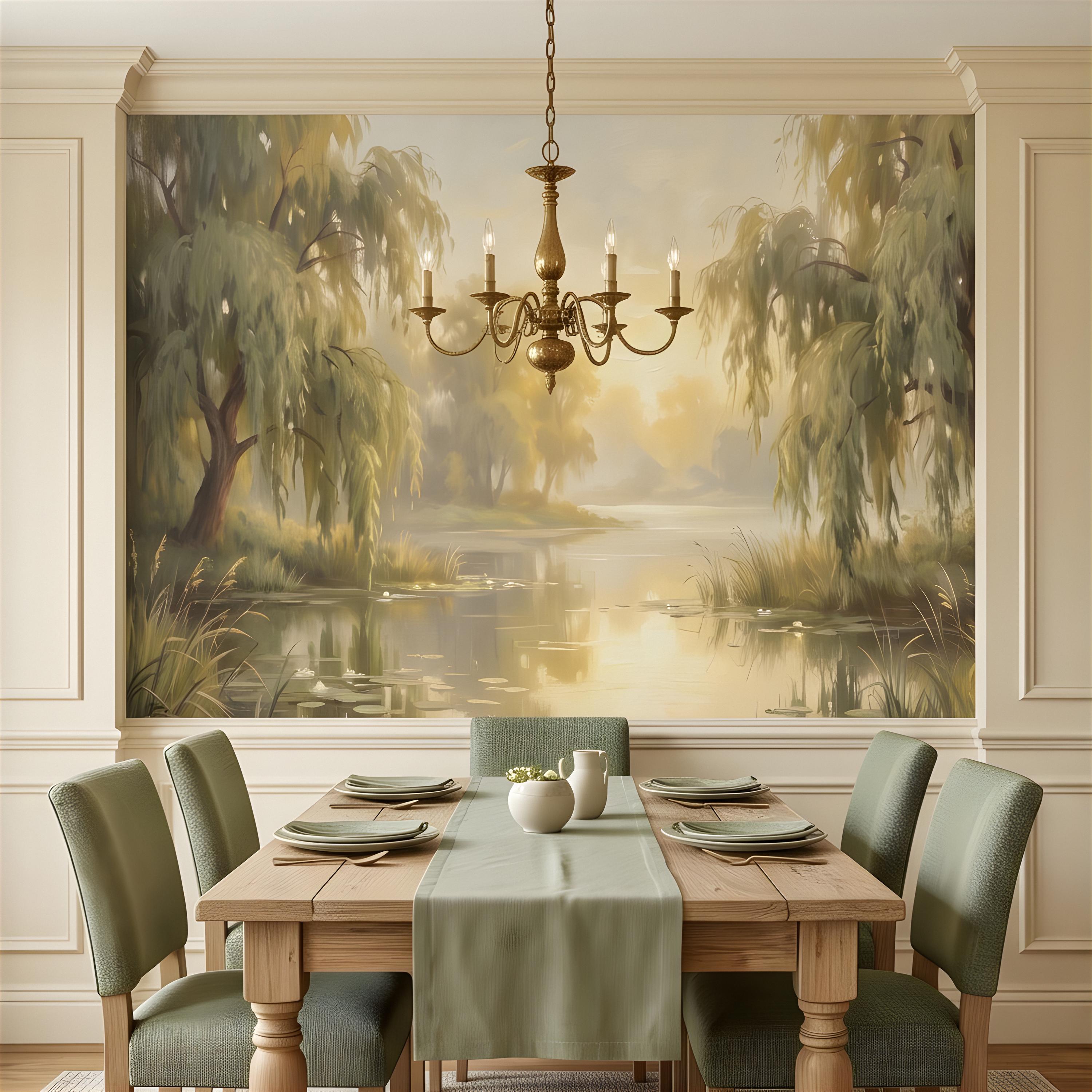 Willow Tree Landscape Peel and Stick Wall Mural, Tranquil Pond with Water Lilies, Impressionist Nature Painting Wallpaper