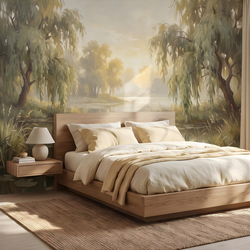 Willow Tree Landscape Peel and Stick Wall Mural, Tranquil Pond with Water Lilies, Impressionist Nature Painting Wallpaper
