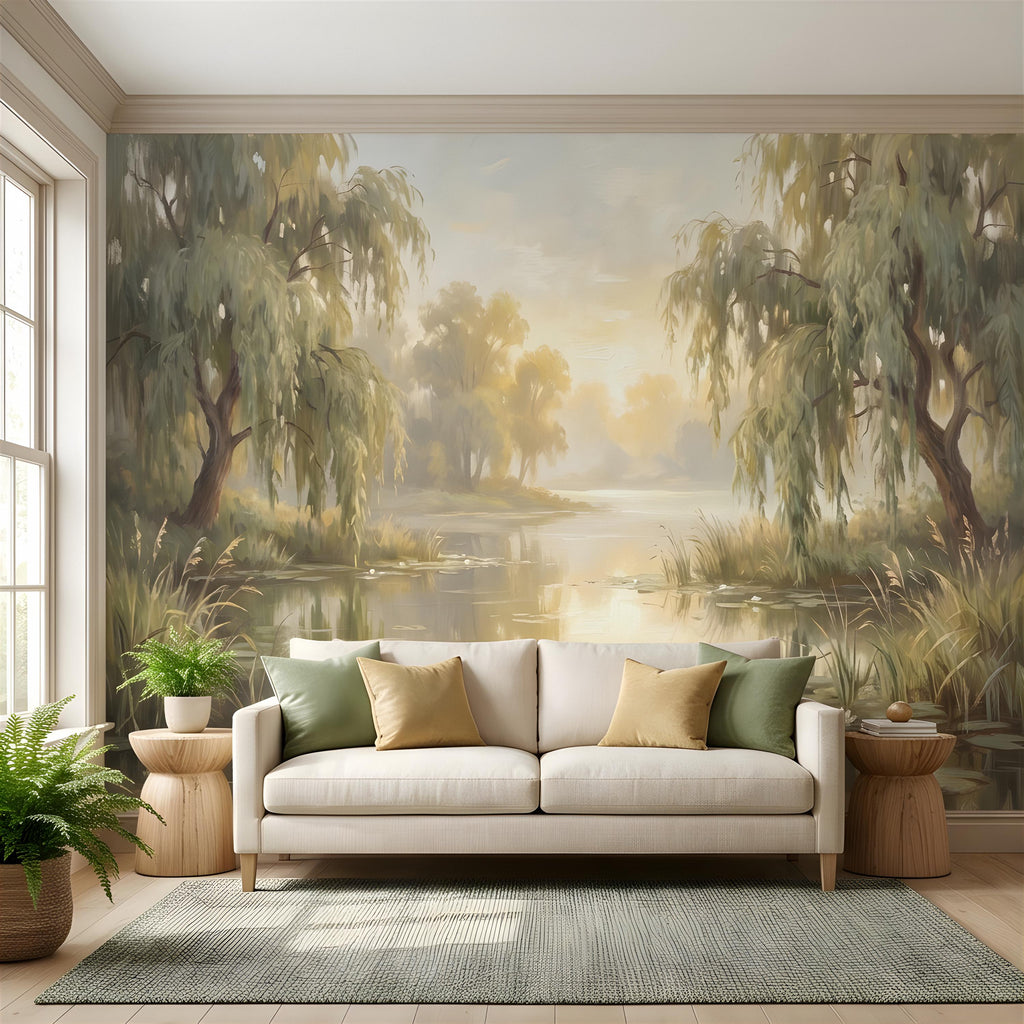 Willow Tree Landscape Peel and Stick Wall Mural, Tranquil Pond with Water Lilies, Impressionist Nature Painting Wallpaper