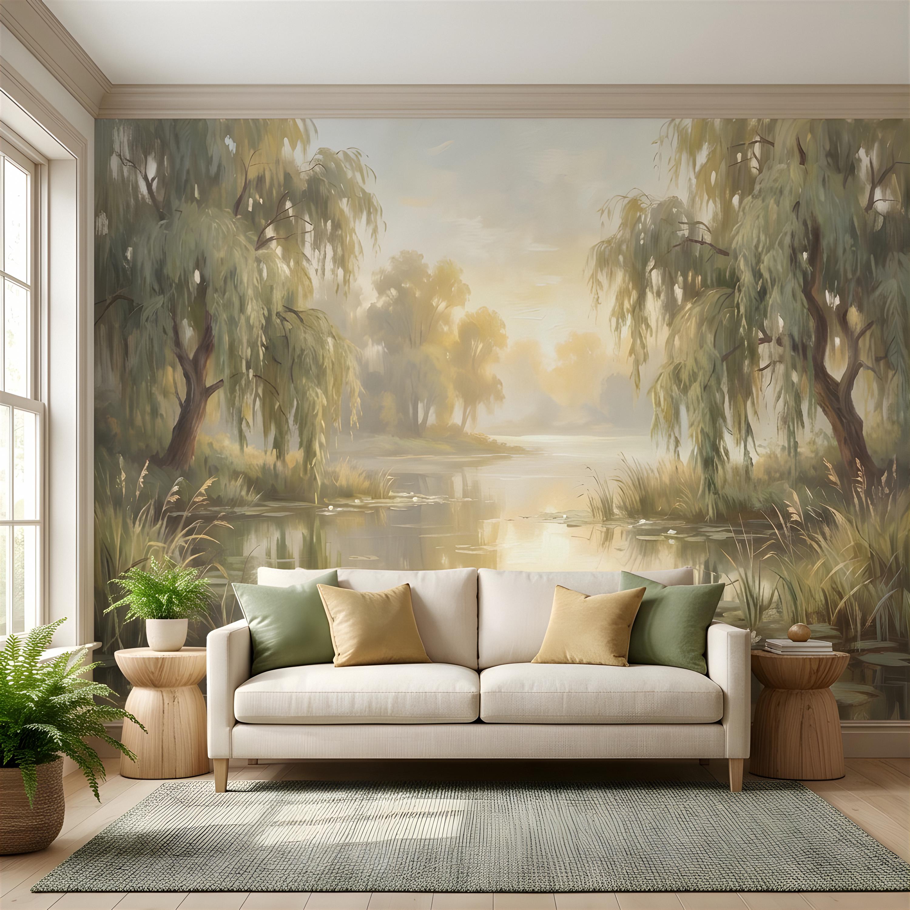 Willow Tree Landscape Peel and Stick Wall Mural, Tranquil Pond with Water Lilies, Impressionist Nature Painting Wallpaper