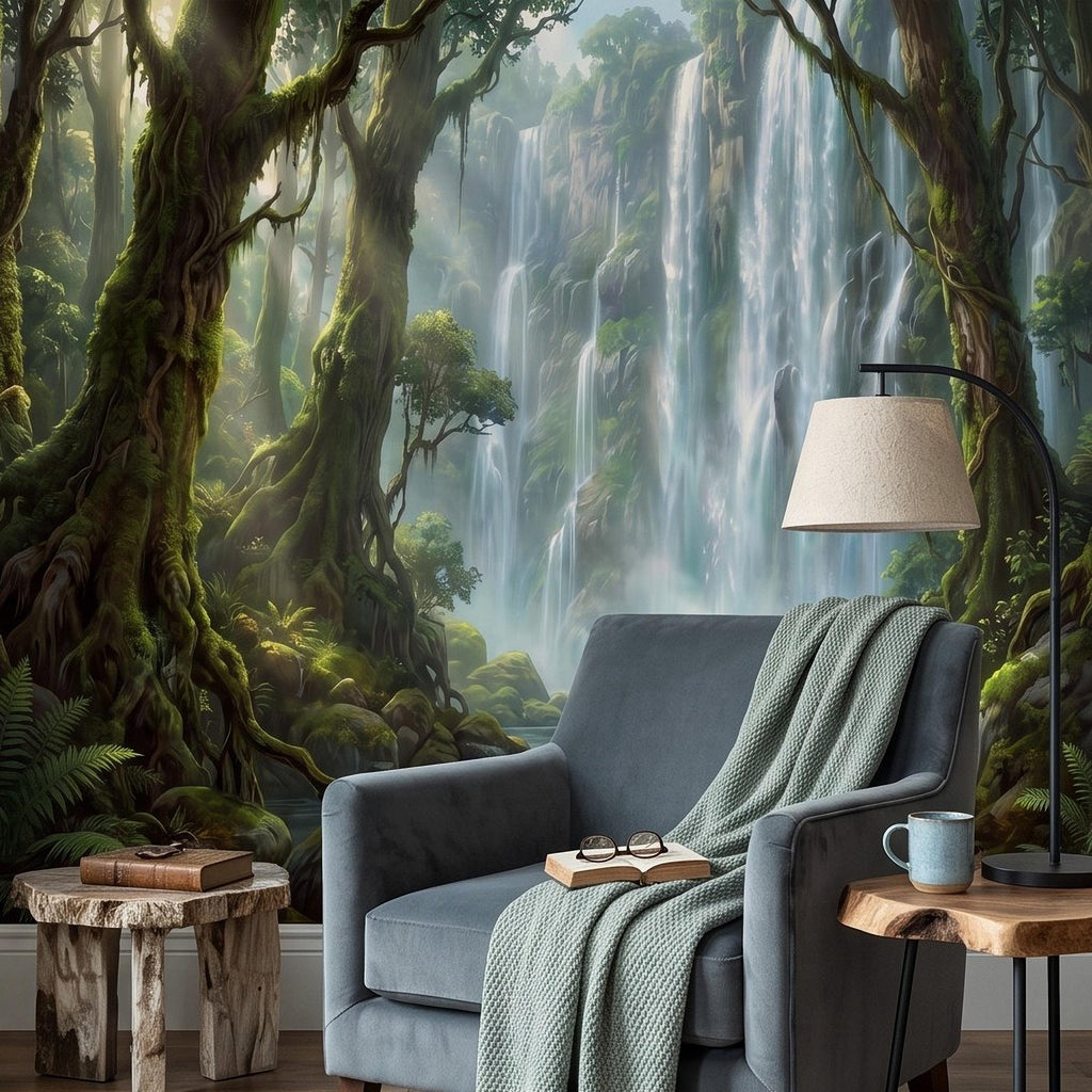 Tropical Waterfall Peel and Stick Wall Mural, Lush Rainforest Mossy Trees Serene Forest Stream Nature Landscape Wallpaper