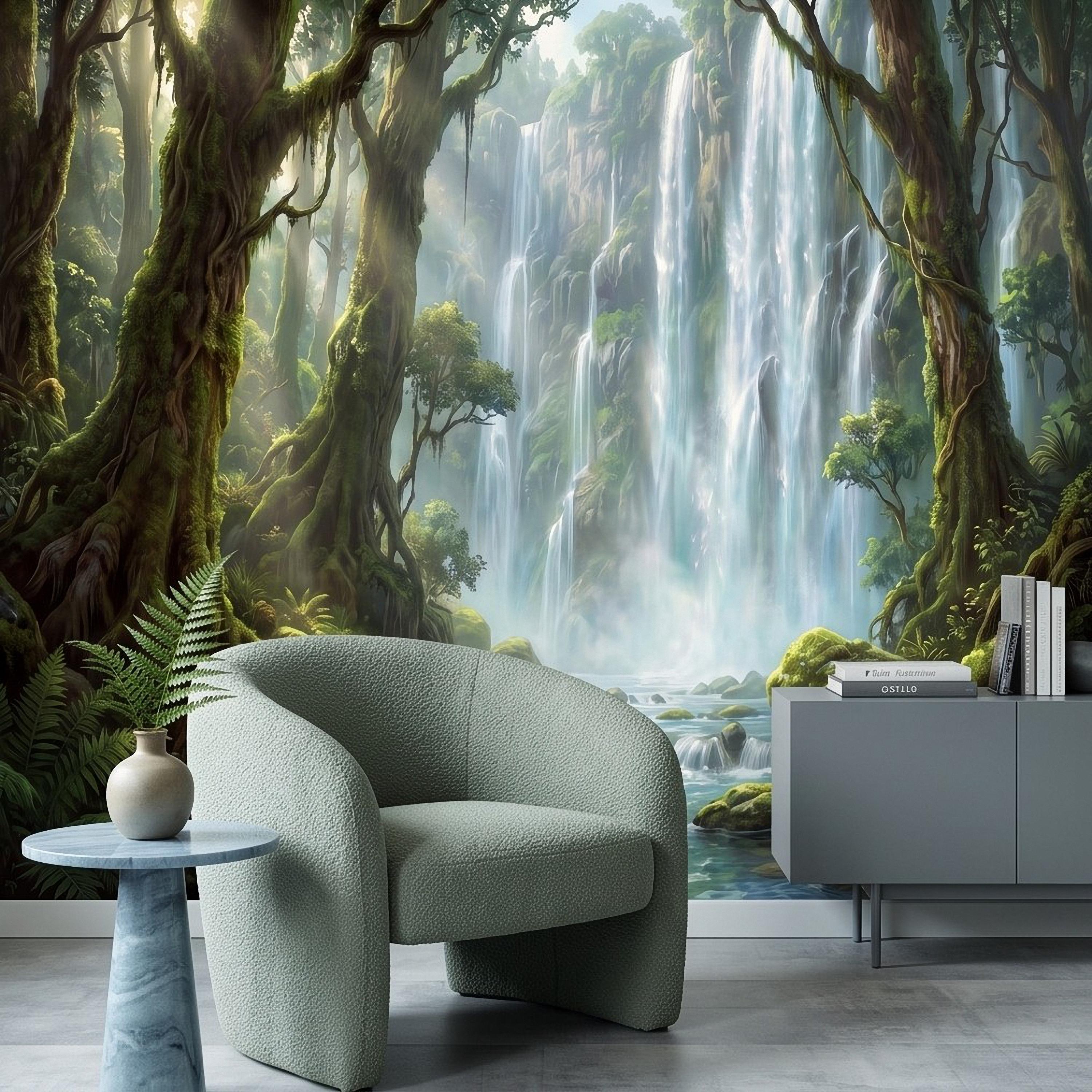 Tropical Waterfall Peel and Stick Wall Mural, Lush Rainforest Mossy Trees Serene Forest Stream Nature Landscape Wallpaper