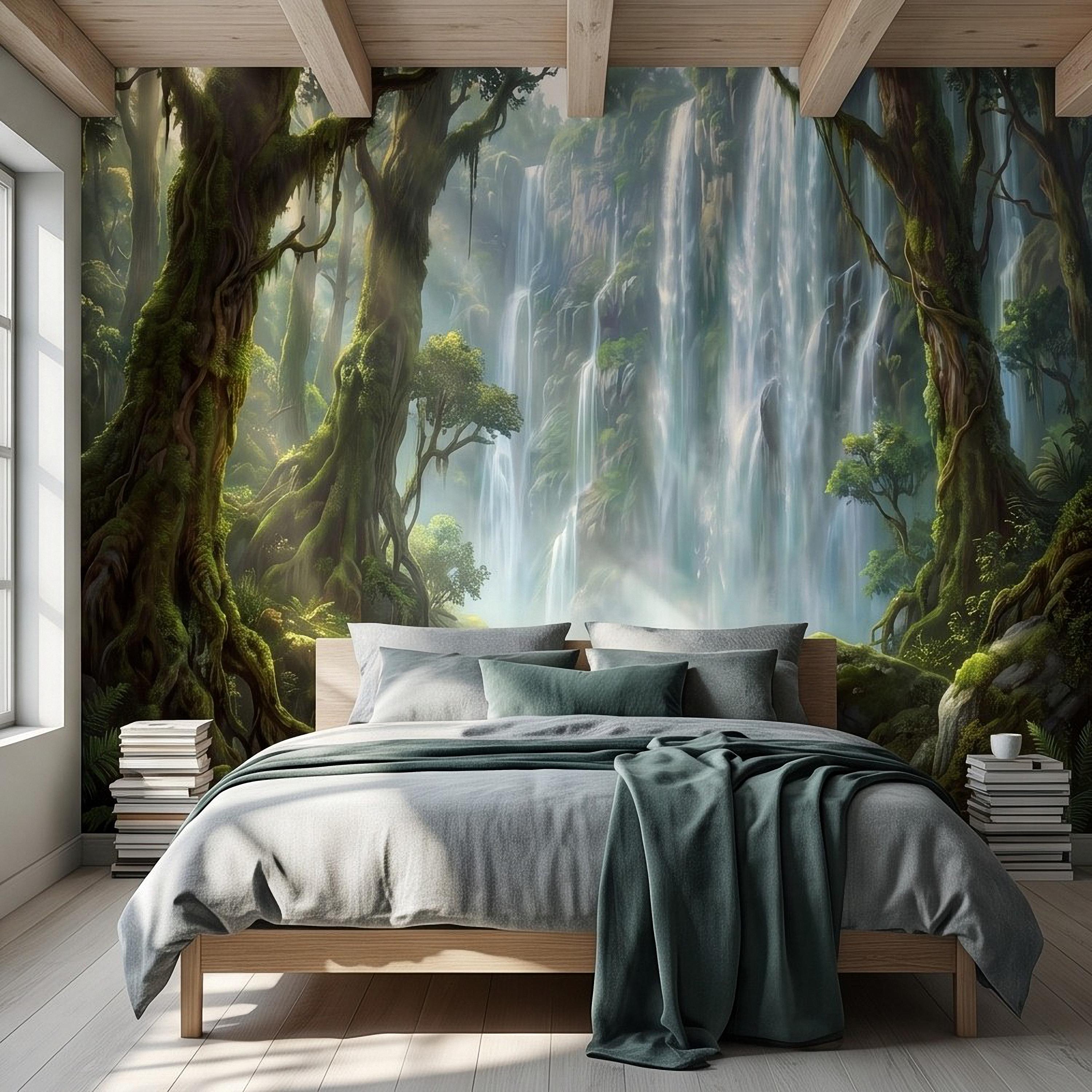 Tropical Waterfall Peel and Stick Wall Mural, Lush Rainforest Mossy Trees Serene Forest Stream Nature Landscape Wallpaper