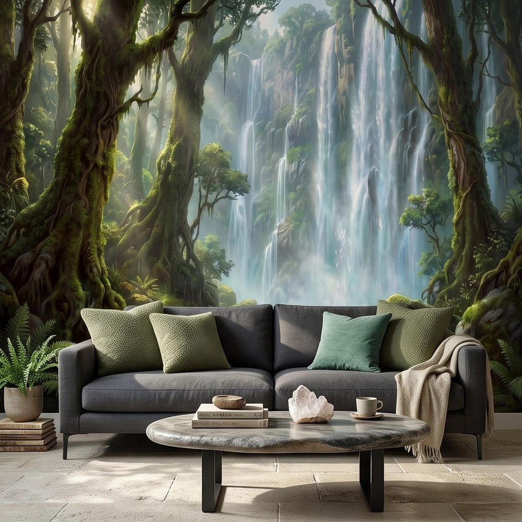 Tropical Waterfall Peel and Stick Wall Mural, Lush Rainforest Mossy Trees Serene Forest Stream Nature Landscape Wallpaper