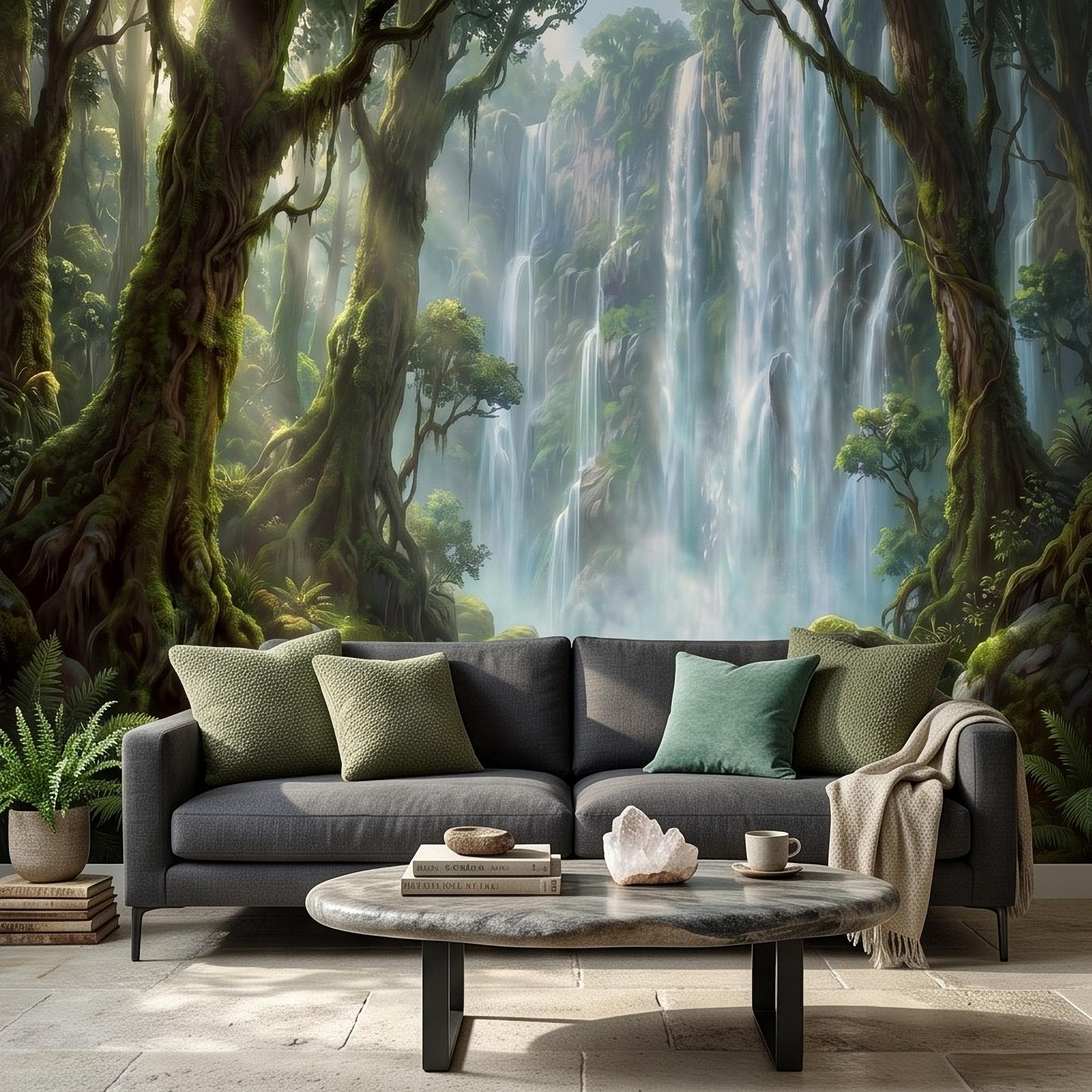 Tropical Waterfall Peel and Stick Wall Mural, Lush Rainforest Mossy Trees Serene Forest Stream Nature Landscape Wallpaper