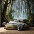 Tropical Waterfall Peel and Stick Wall Mural, Lush Rainforest Mossy Trees Serene Forest Stream Nature Landscape Wallpaper