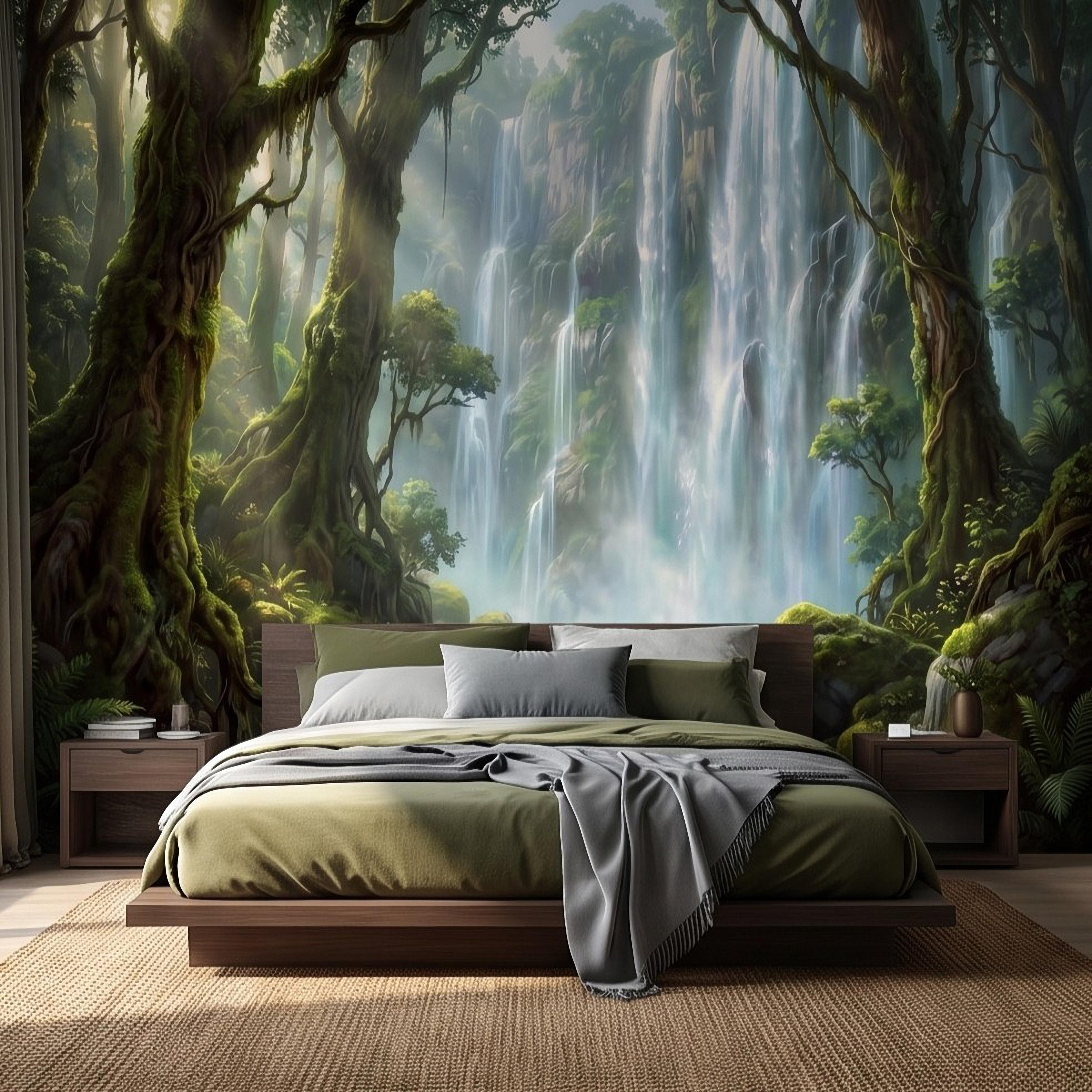 Tropical Waterfall Peel and Stick Wall Mural, Lush Rainforest Mossy Trees Serene Forest Stream Nature Landscape Wallpaper