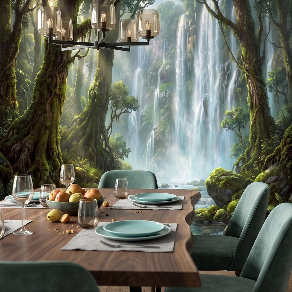 Tropical Waterfall Peel and Stick Wall Mural, Lush Rainforest Mossy Trees Serene Forest Stream Nature Landscape Wallpaper